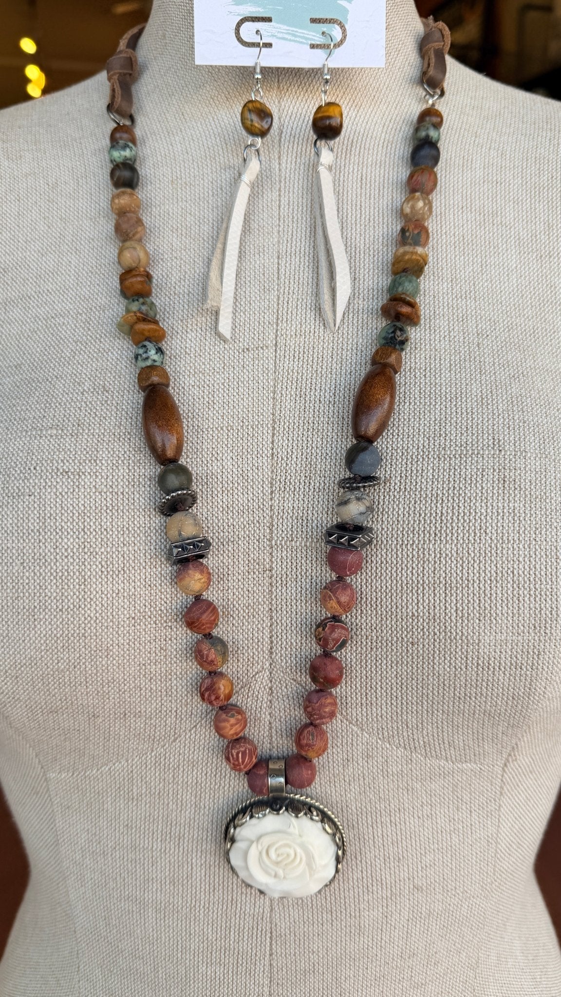Jasper & Turquoise Necklace with Carved Rose Pendant by RJC - Rebecca James Clothing