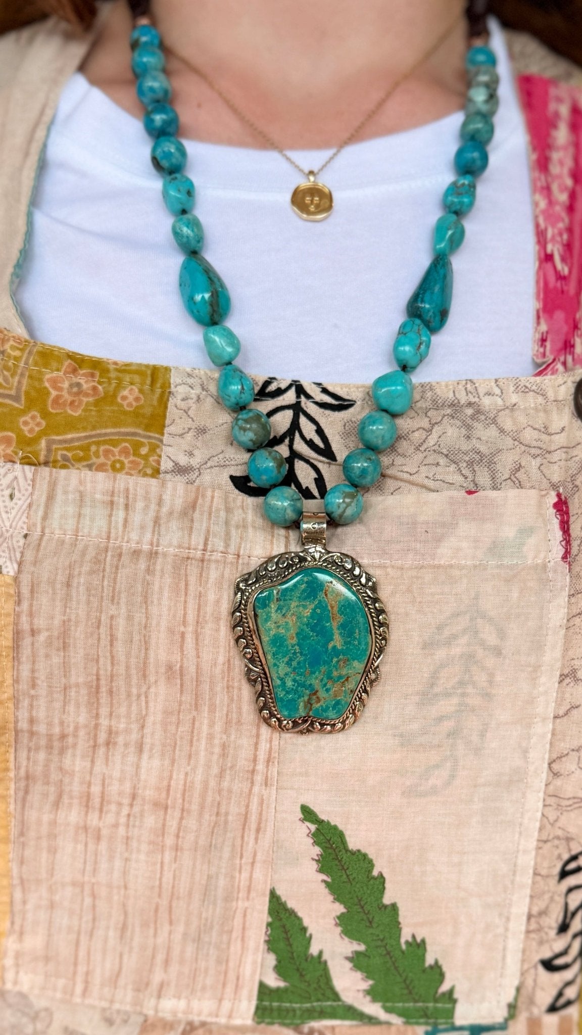 Large Chunky Turquoise in Tibetan Silver Pendant on Hand Beaded Necklace - Rebecca James Clothing