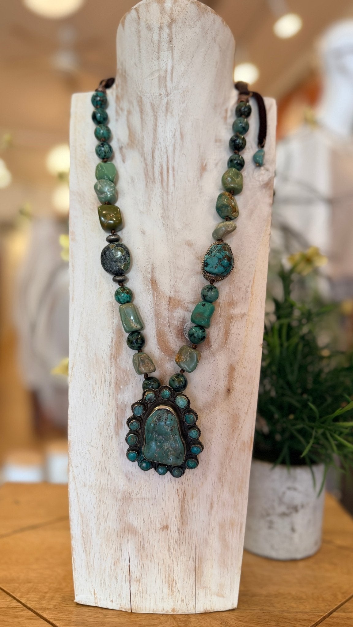 Large Chunky Turquoise in Tibetan Silver Pendant on Hand Beaded Necklace - Rebecca James Clothing