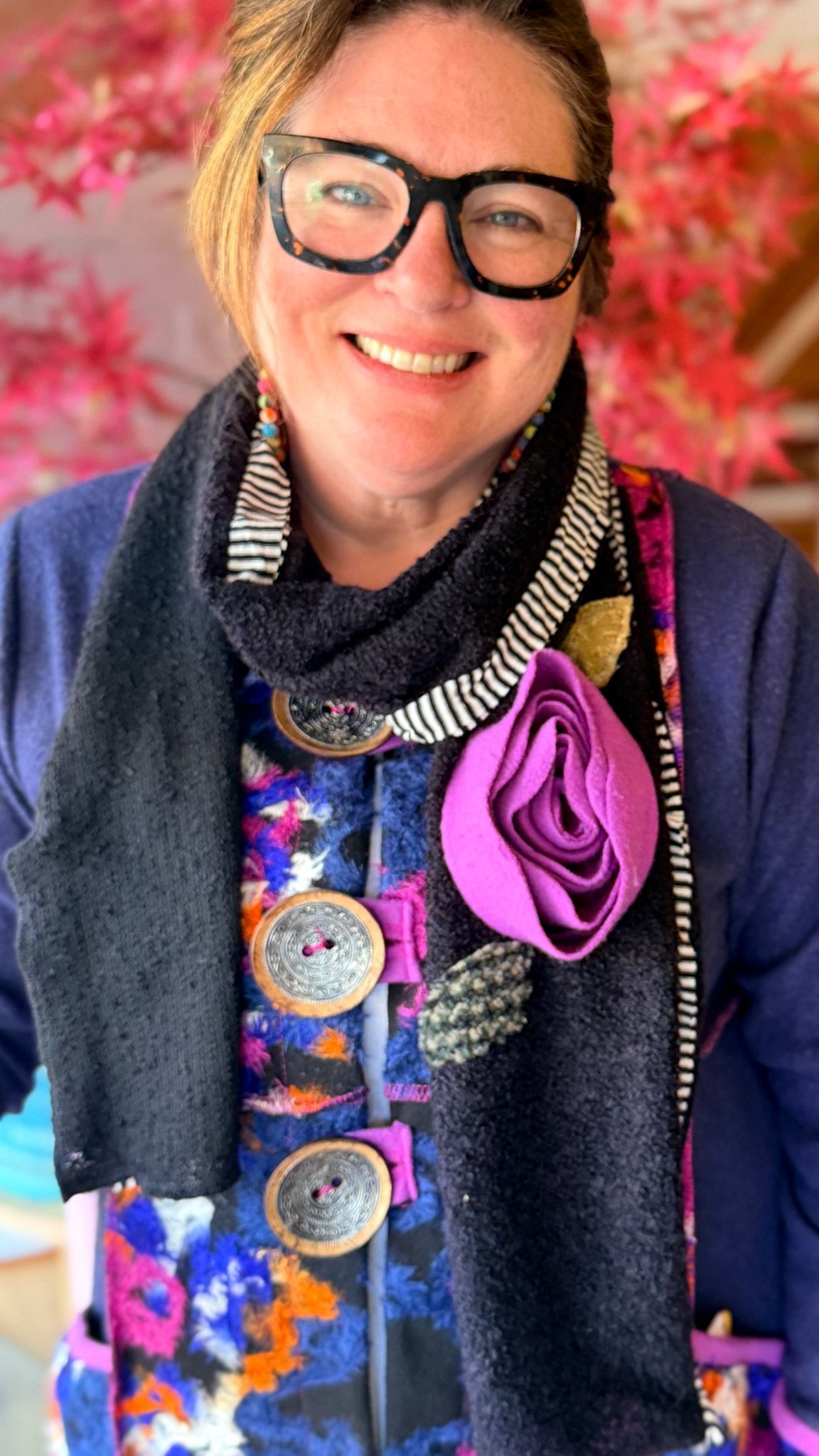 Magenta Rose Black Frill Scarf by Hand Jive Clothing - Rebecca James Clothing