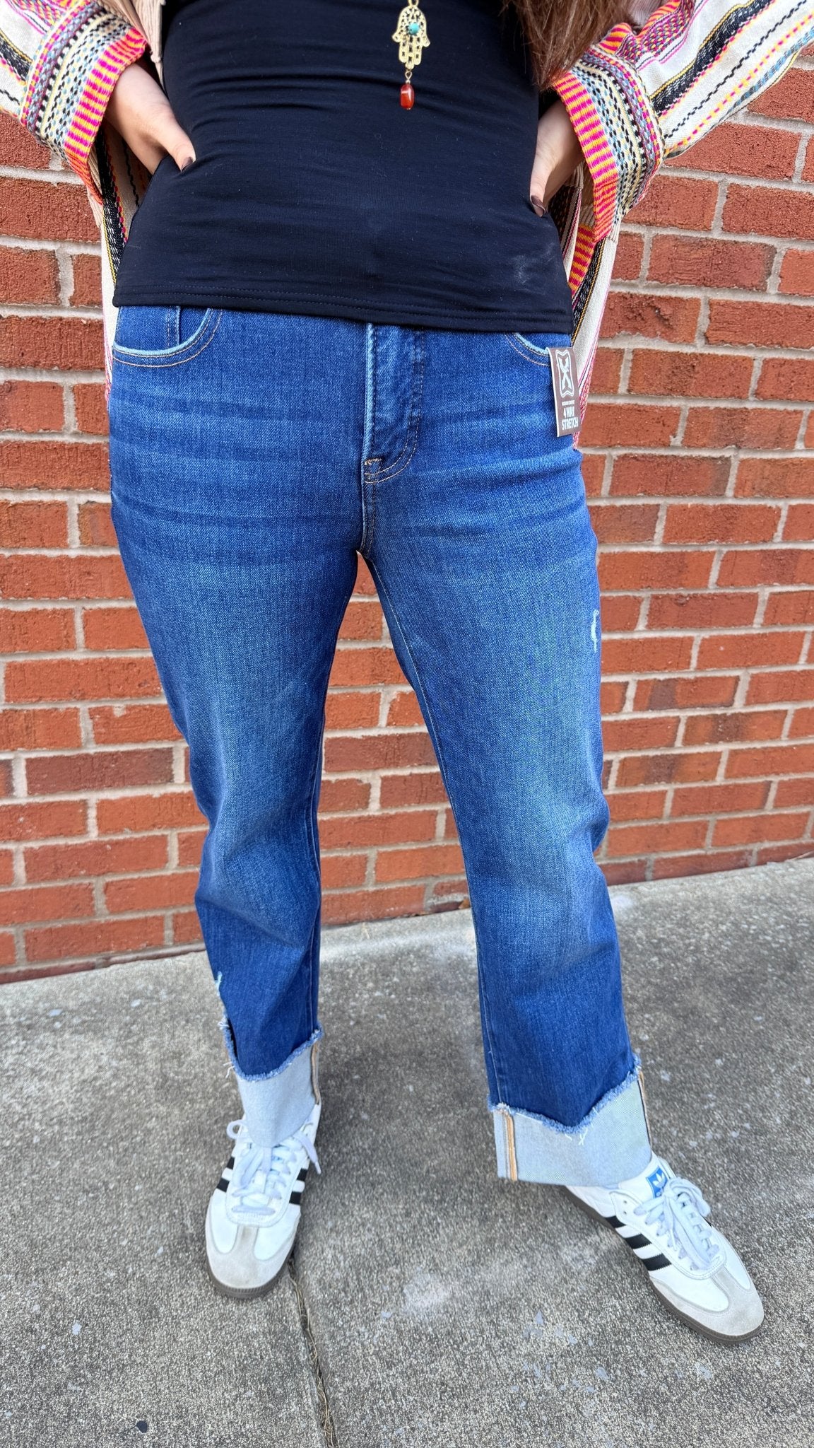 Mid Rise Comfort Stretch Dark Wash Cuffed Jeans by Risen - Rebecca James Clothing