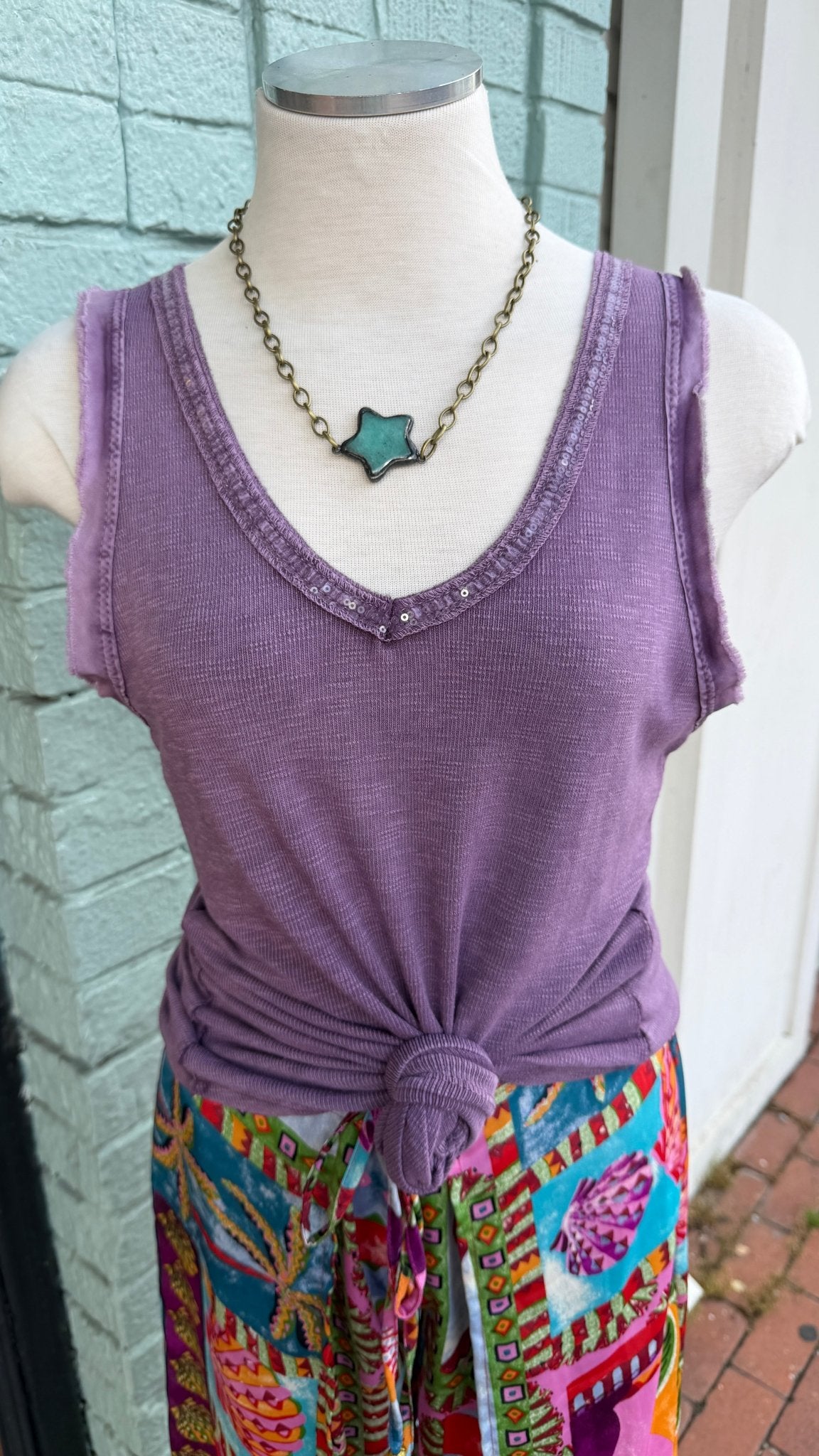 Mineral Wash Cotton Sequin Neck Sleeveless Top - Rebecca James Clothing