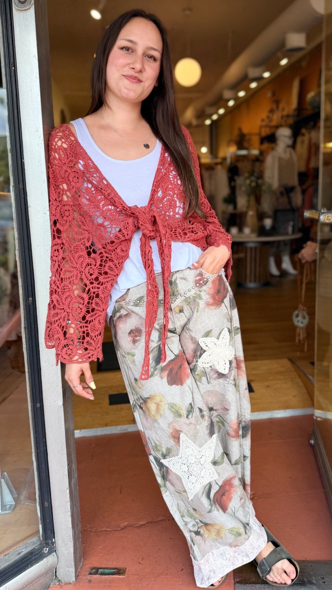 Mixed Floral Star Patch Boho Pants by POL - Rebecca James Clothing