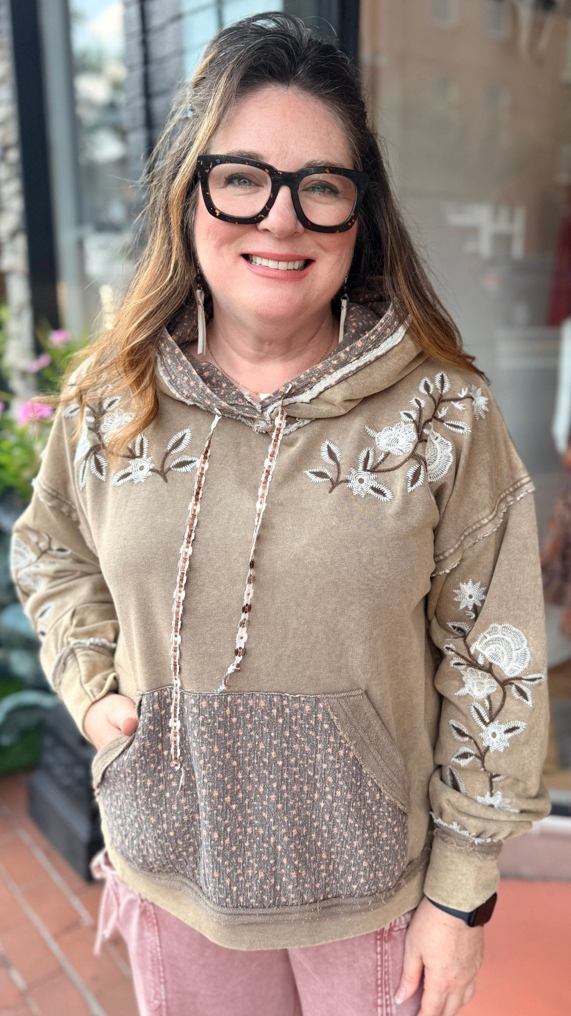 Mocha Mixed Fabric Embroidered Hooded Pullover - Rebecca James Clothing