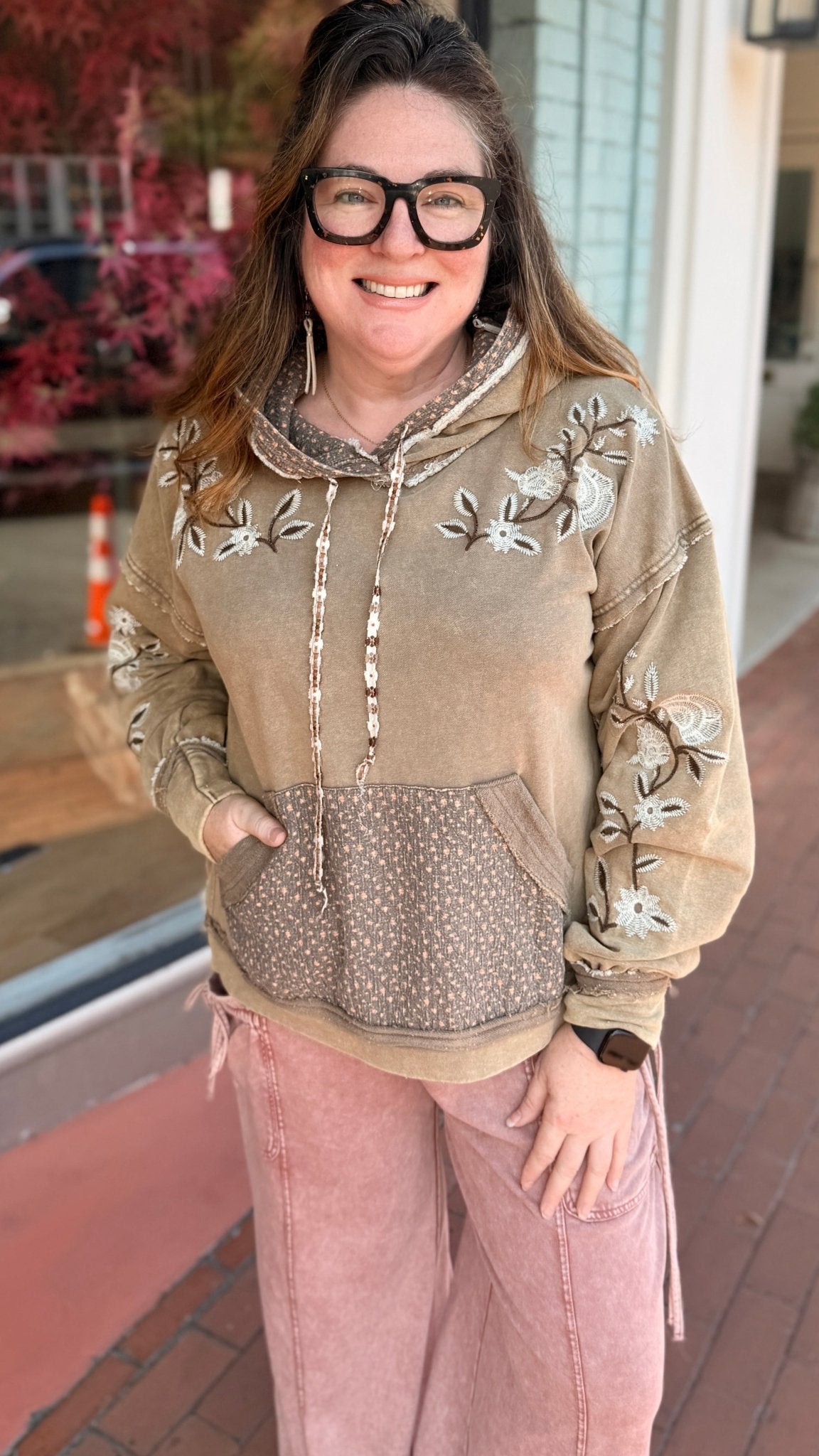 Mocha Mixed Fabric Embroidered Hooded Pullover - Rebecca James Clothing