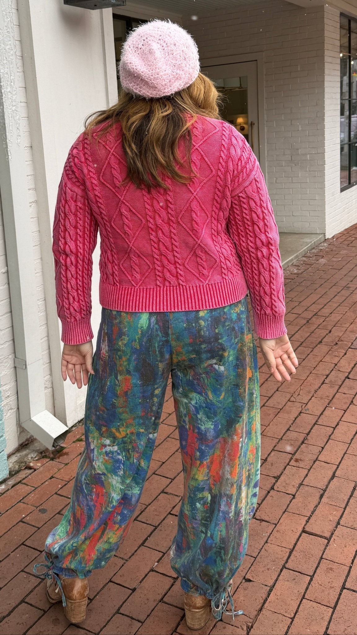 Monet Abstract Print Wide Leg Cargo Pants – Artistic High - Waist Printed Denim - Rebecca James Clothing