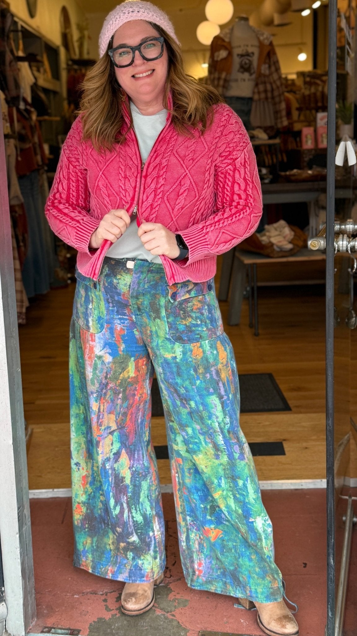 Monet Abstract Print Wide Leg Cargo Pants – Artistic High - Waist Printed Denim - Rebecca James Clothing