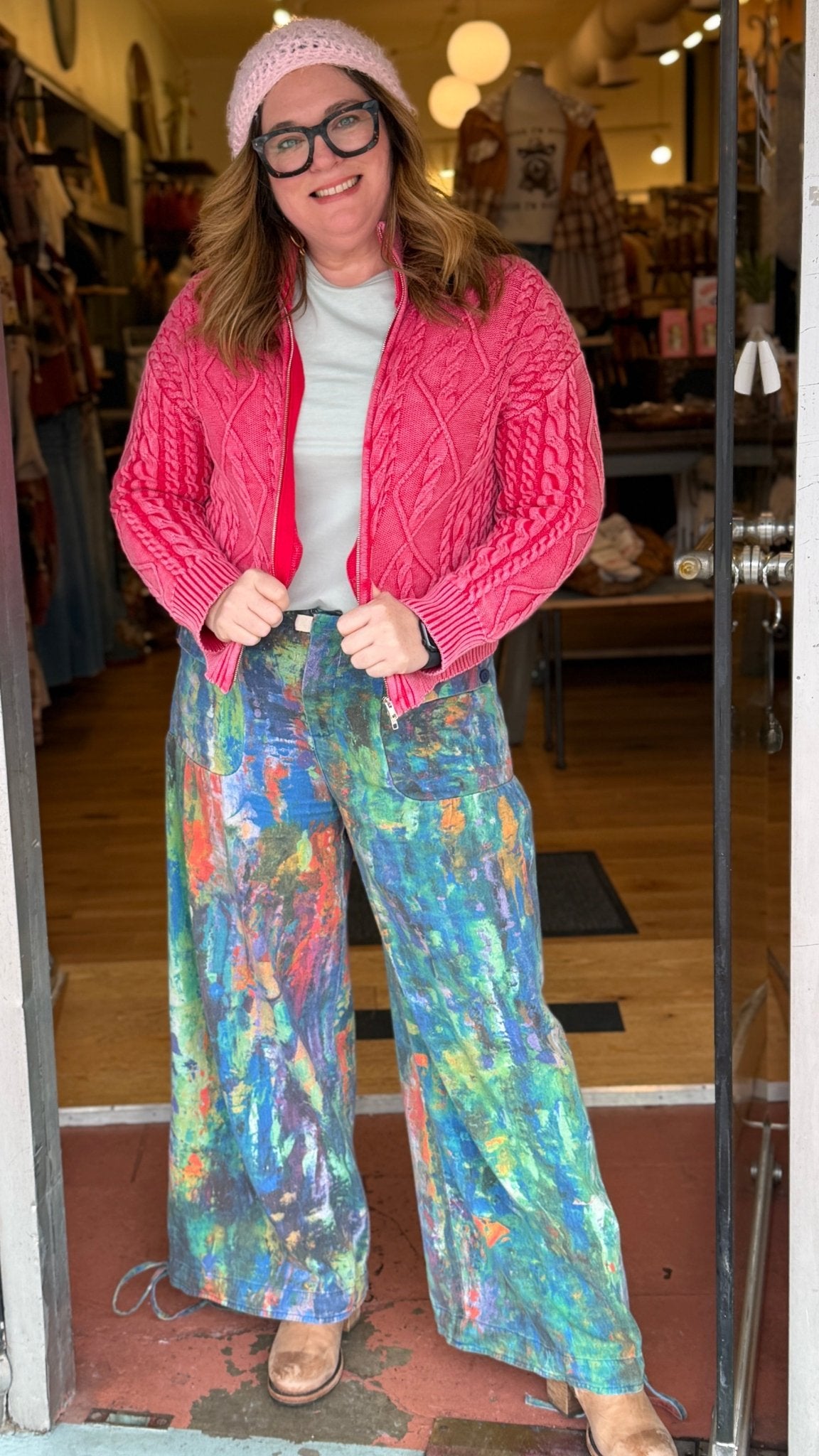 Monet Abstract Print Wide Leg Cargo Pants – Artistic High - Waist Printed Denim - Rebecca James Clothing