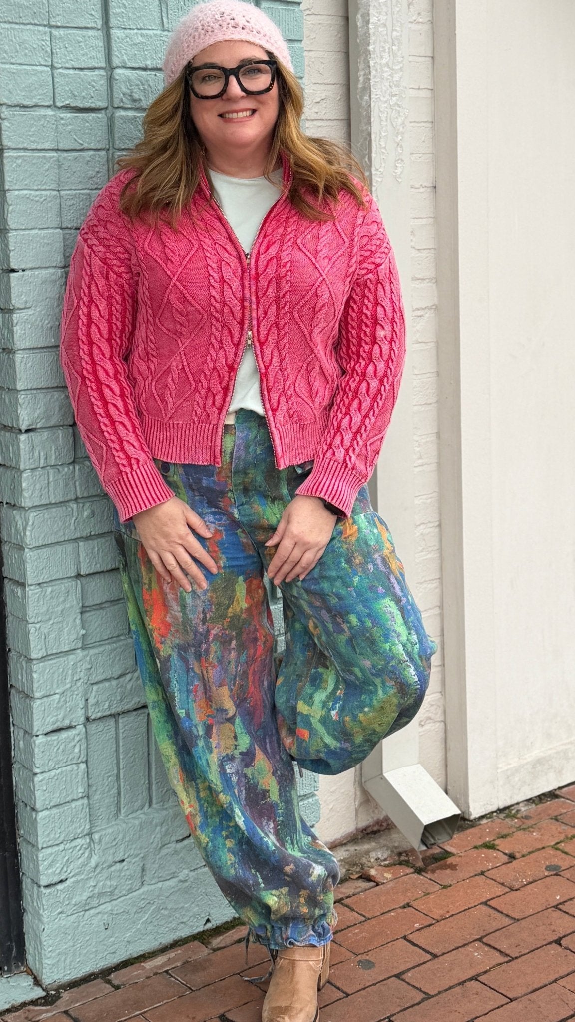 Monet Abstract Print Wide Leg Cargo Pants – Artistic High - Waist Printed Denim - Rebecca James Clothing