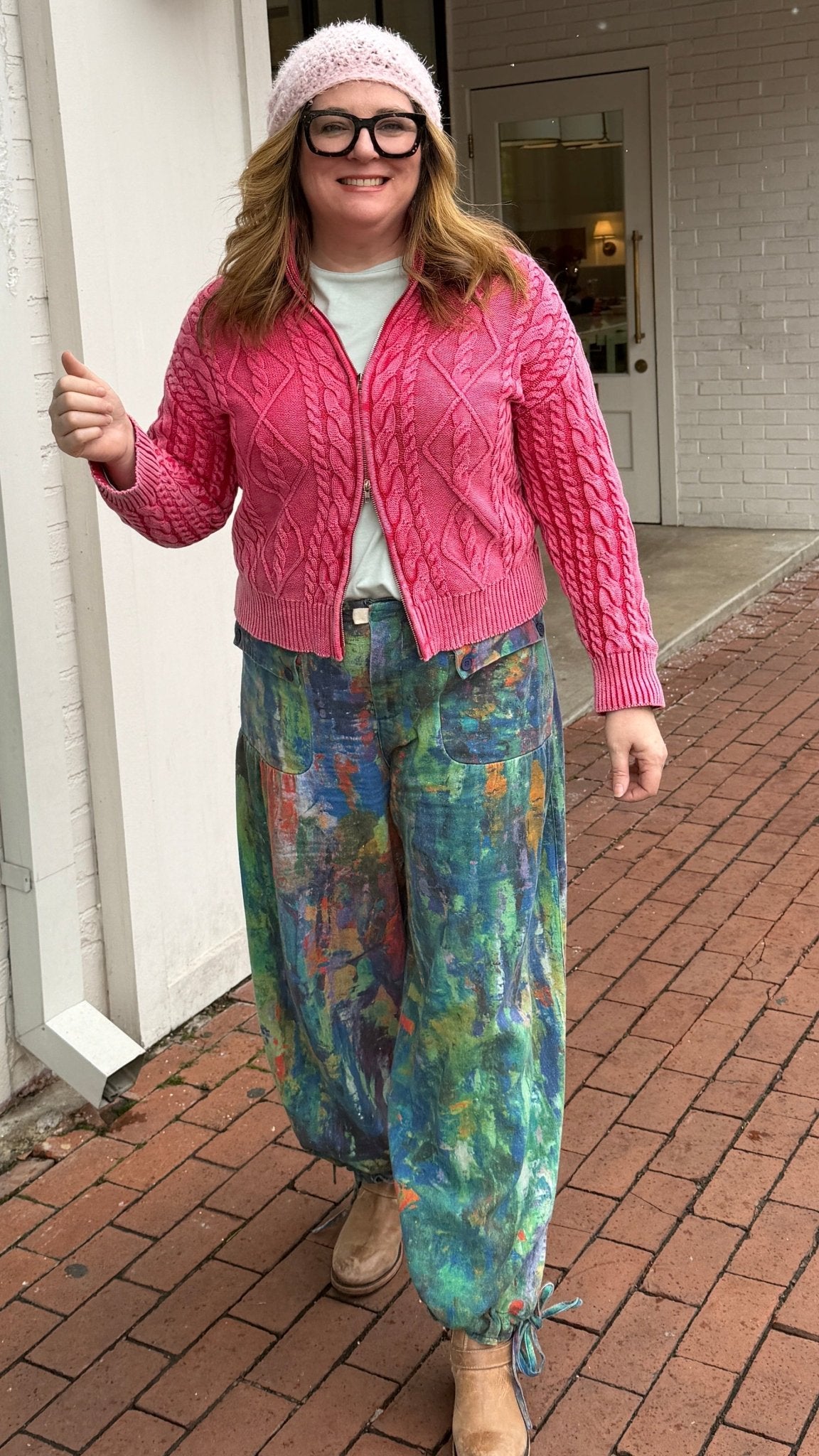 Monet Abstract Print Wide Leg Cargo Pants – Artistic High - Waist Printed Denim - Rebecca James Clothing