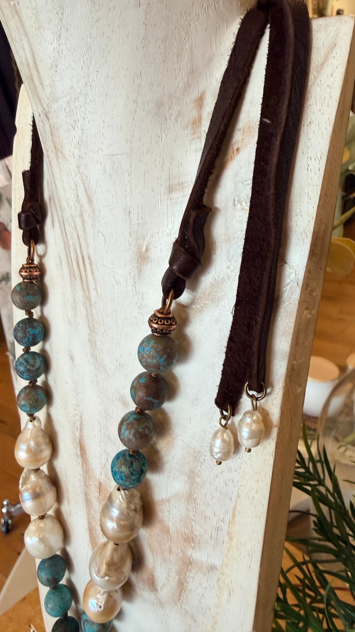 Natural Chrysocolla Heart Pendant Necklace With Baroque Pearls & Africa Jasper Beads - Rebecca James Clothing