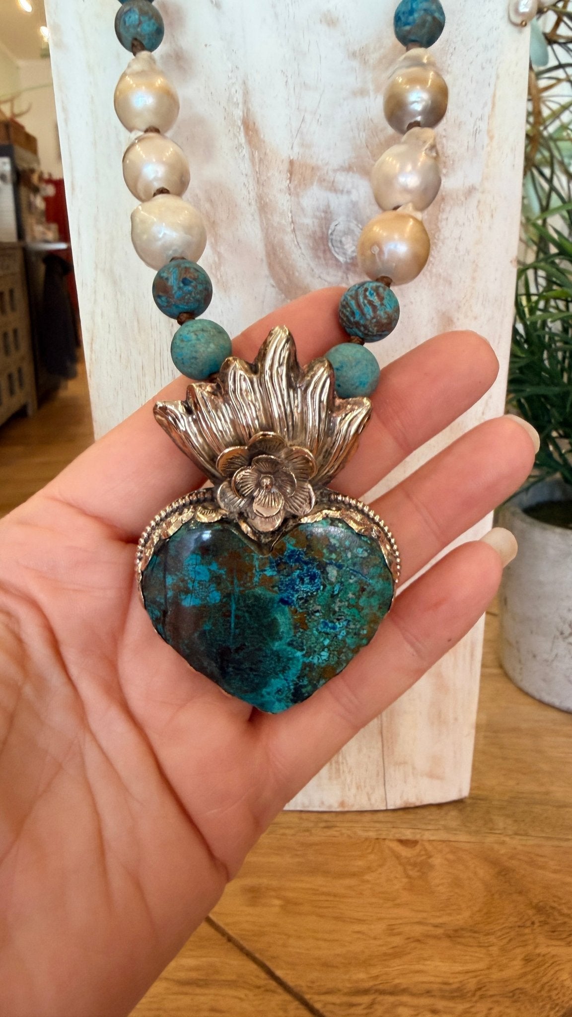 Natural Chrysocolla Heart Pendant Necklace With Baroque Pearls & Africa Jasper Beads - Rebecca James Clothing