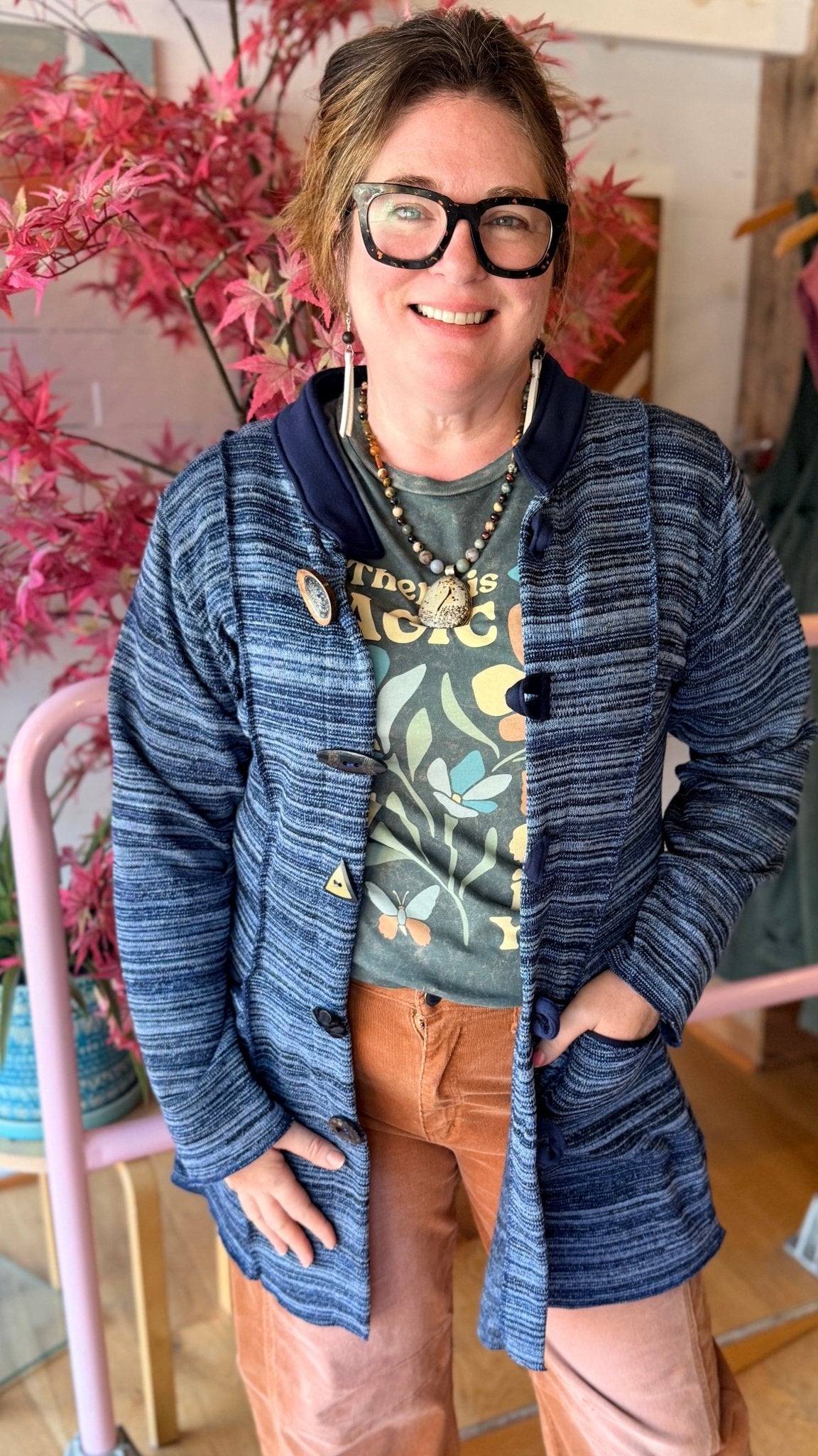 Navy Knit Sweater Coat by Hand Jive Clothing - Rebecca James Clothing