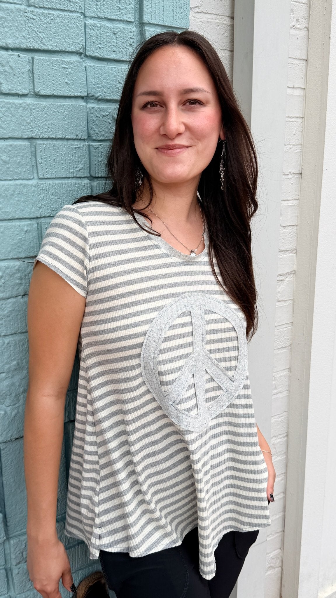 Peace 4 Today Grey Stripe Top by Hand Jive - Rebecca James Clothing