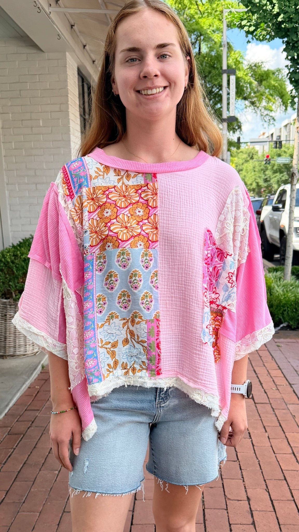 Pink Boho Mixed Fabric Oversized Top - Rebecca James Clothing
