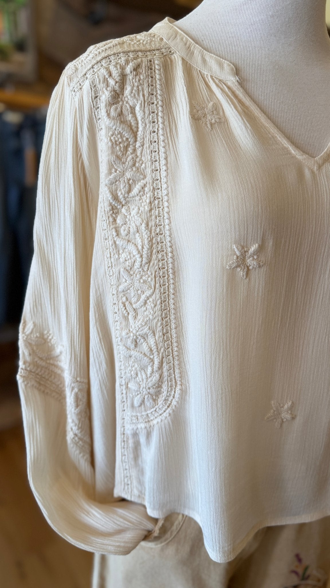 POL Embroidered Boho V - Neck Flowy Top in Cream - Rebecca James Clothing