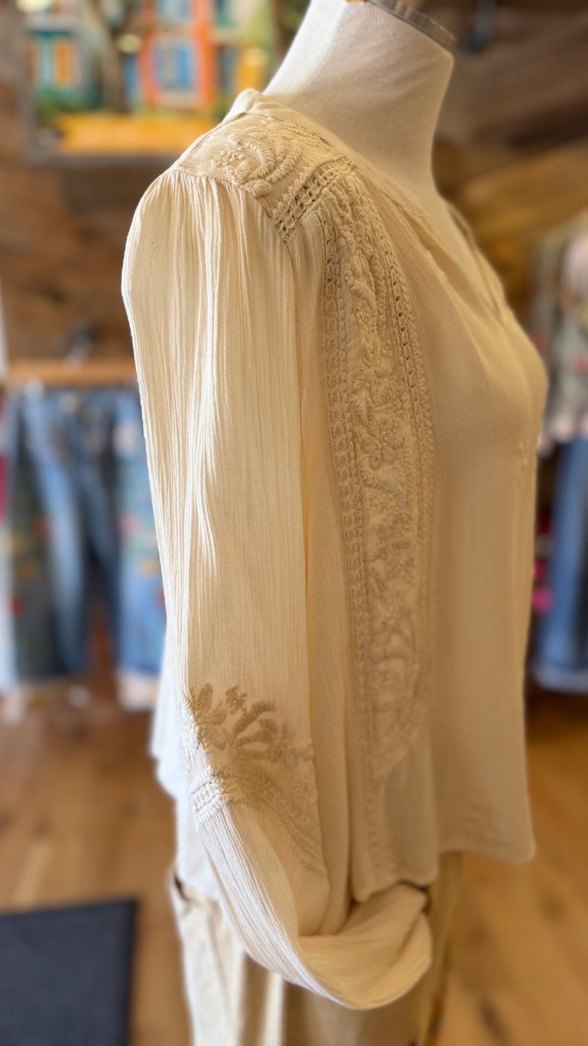 POL Embroidered Boho V - Neck Flowy Top in Cream - Rebecca James Clothing