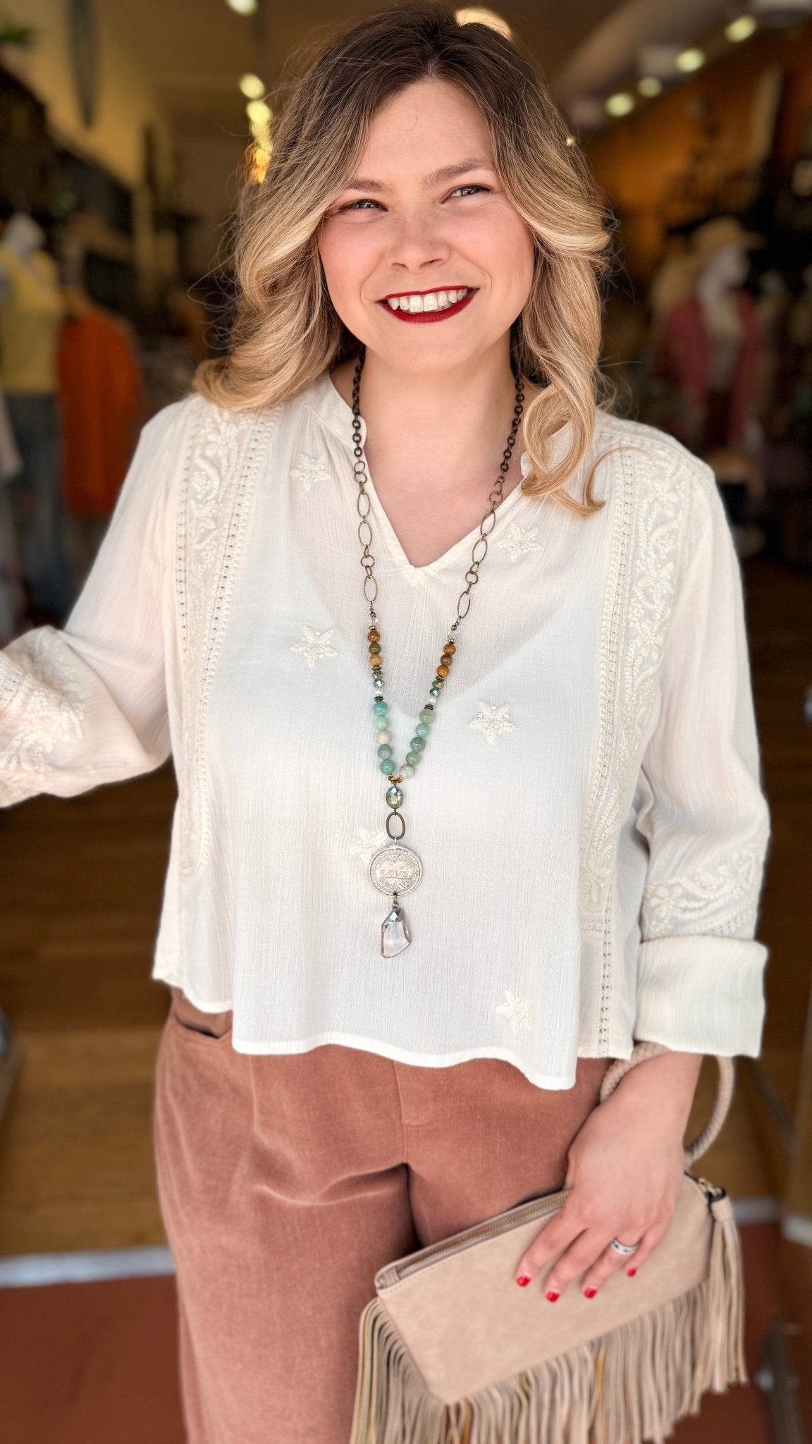 POL Embroidered Boho V - Neck Flowy Top in Cream - Rebecca James Clothing