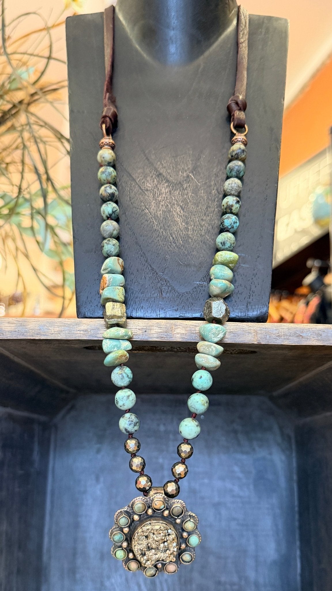 Pyrite and African Turquosie Pendant on Chunky Hand Beaded Necklace - Rebecca James Clothing