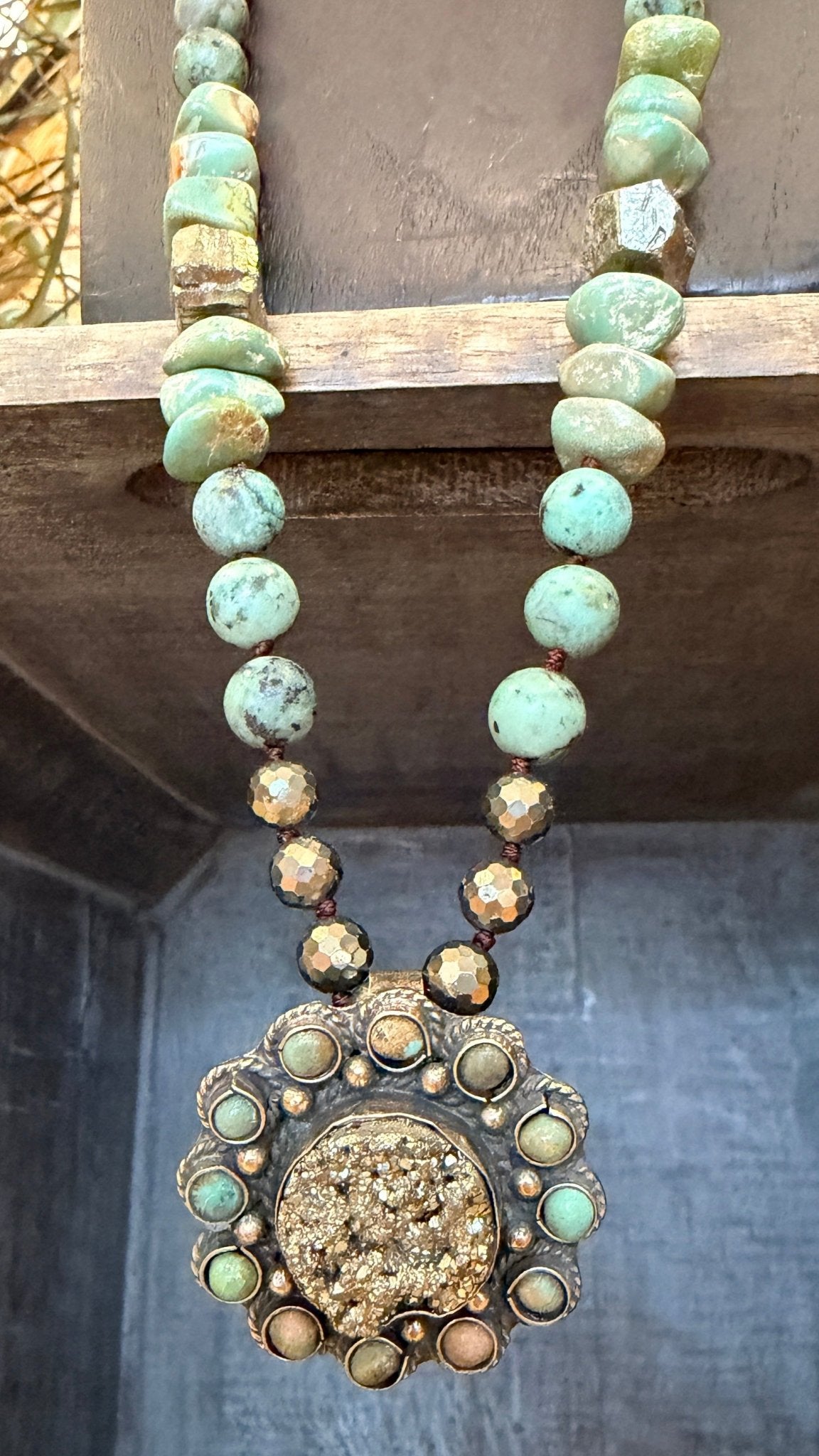 Pyrite and African Turquosie Pendant on Chunky Hand Beaded Necklace - Rebecca James Clothing