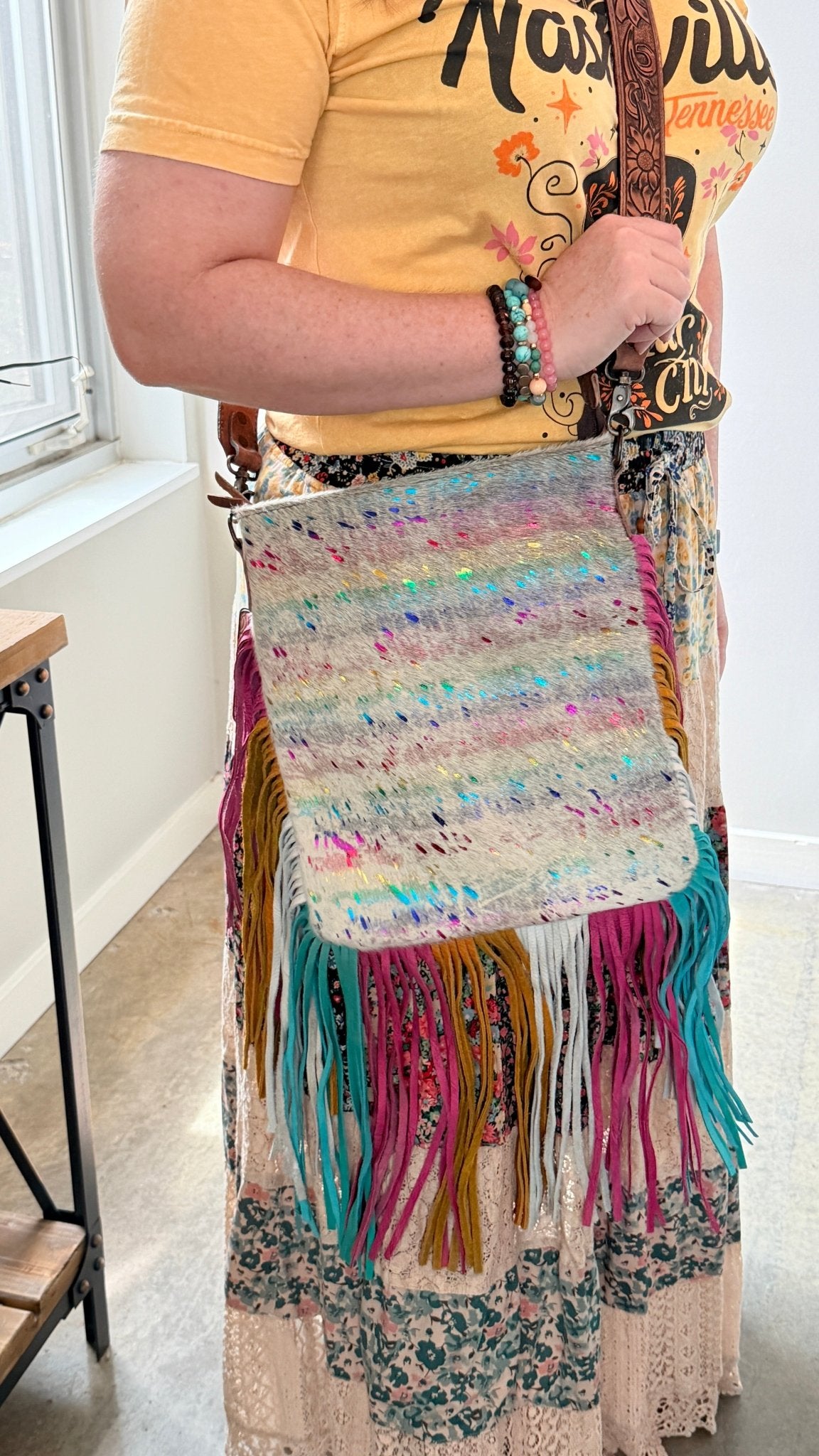 Rainbow Metallic Cohide Leather Crossbody Bag - Rebecca James Clothing