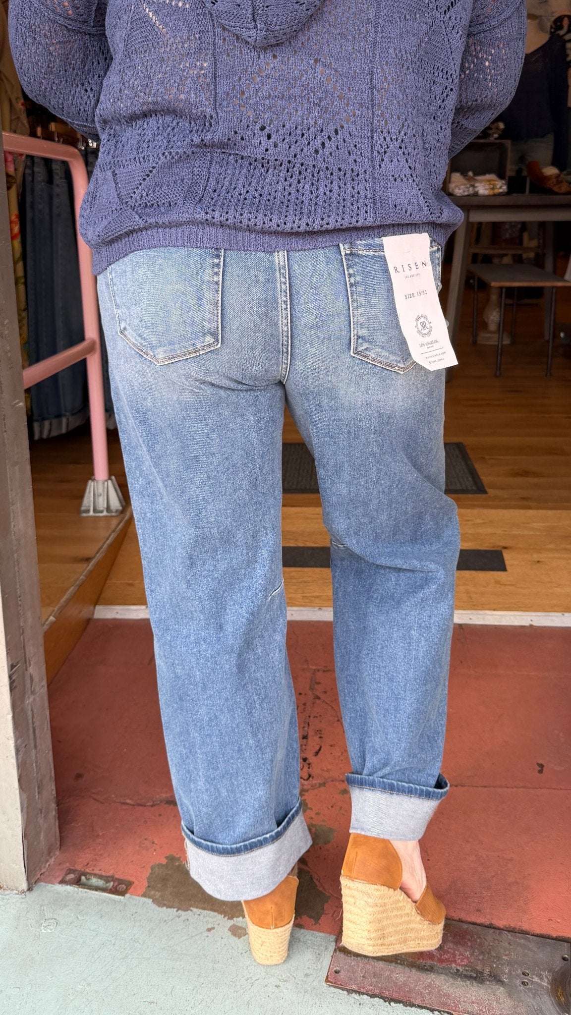 Slouchy Medium Wash Cuffed Barrel Jeans - Rebecca James Clothing