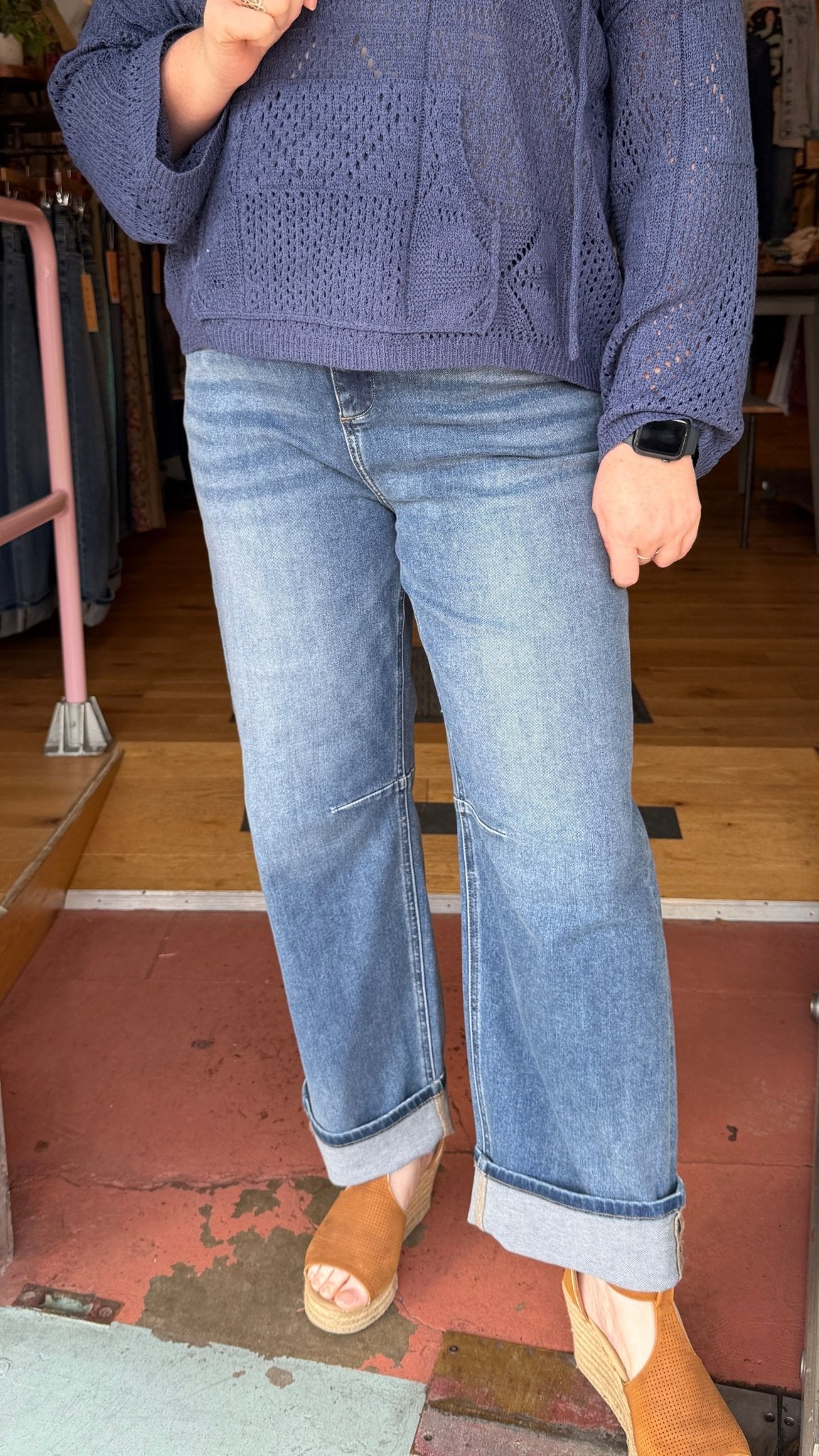 Slouchy Medium Wash Cuffed Barrel Jeans - Rebecca James Clothing