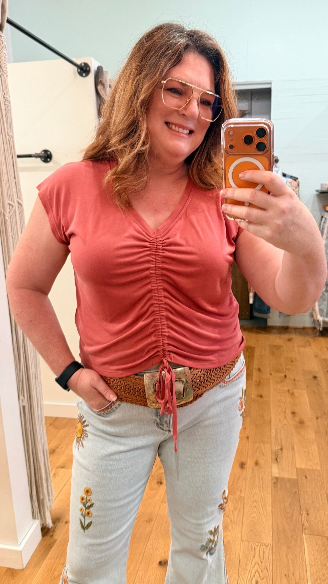 Stretch Knit Cap Sleeve Ruched Front Top - Rebecca James Clothing
