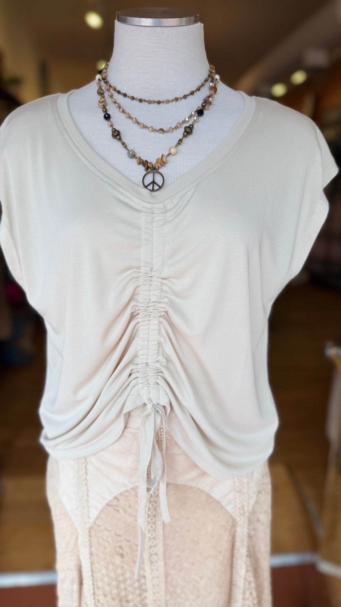 Stretch Knit Cap Sleeve Ruched Front Top - Rebecca James Clothing