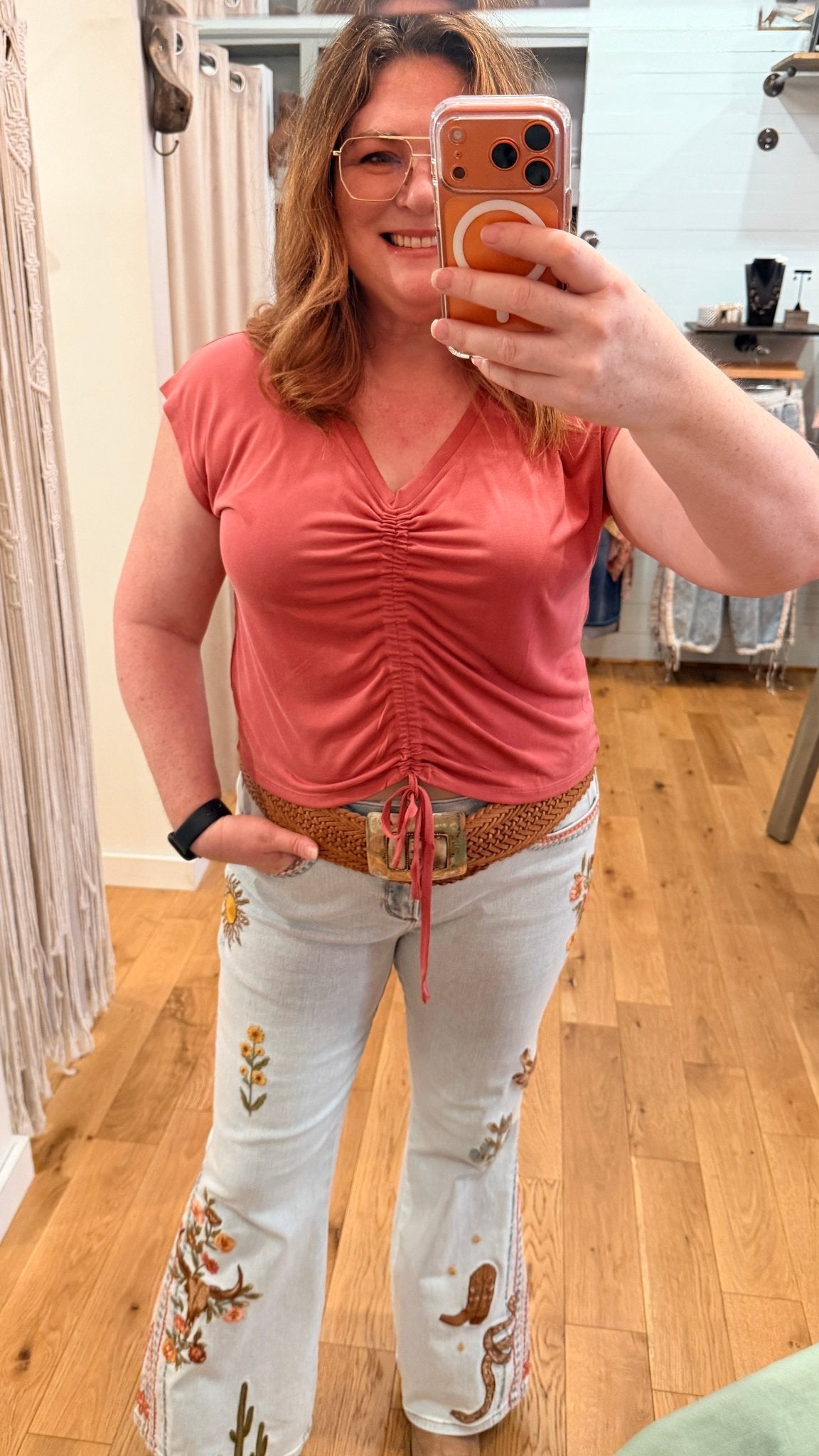 Stretch Knit Cap Sleeve Ruched Front Top - Rebecca James Clothing