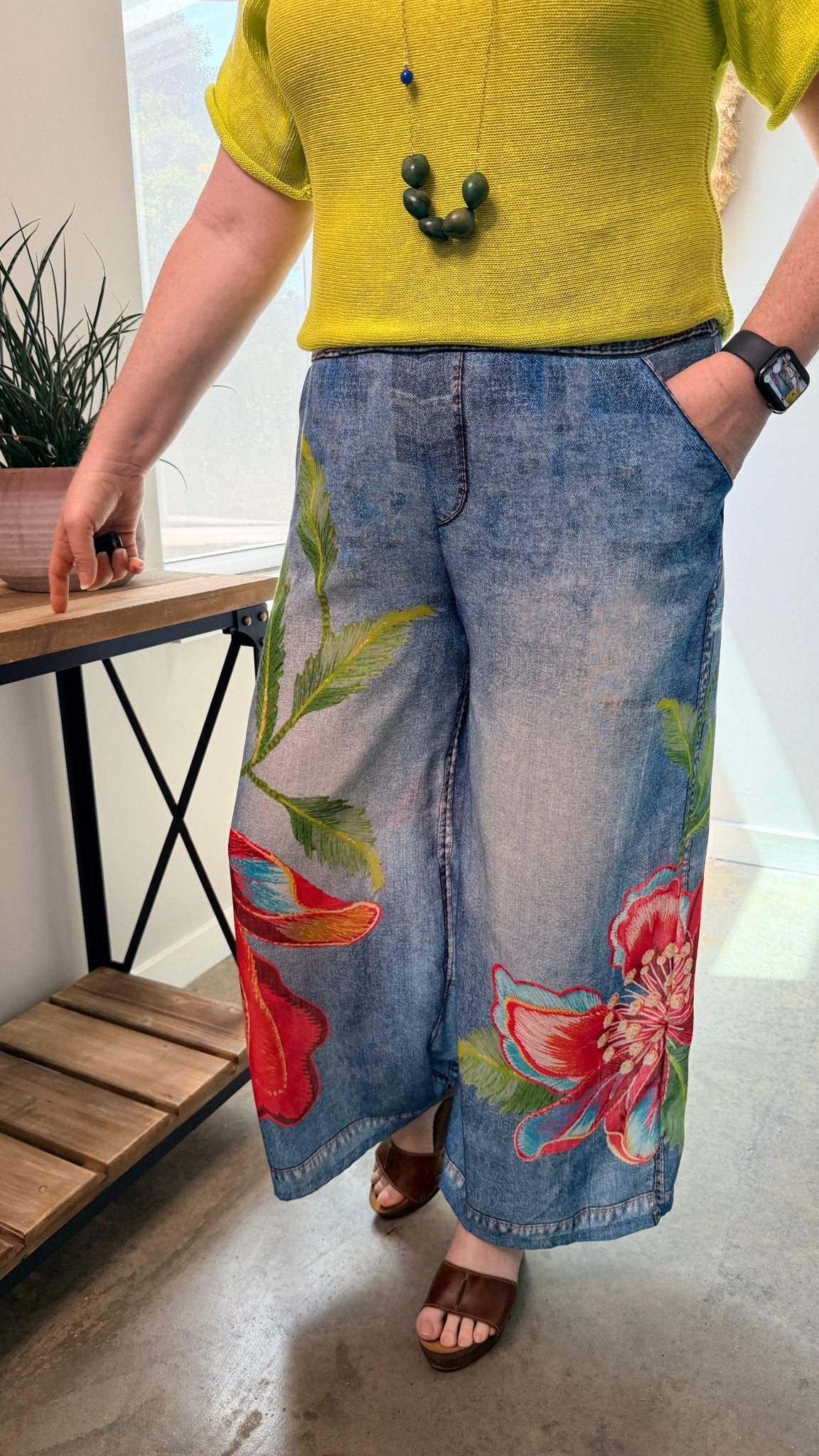 Summer Hibiscus Artistic Printed Wide - Leg Pants - Rebecca James Clothing