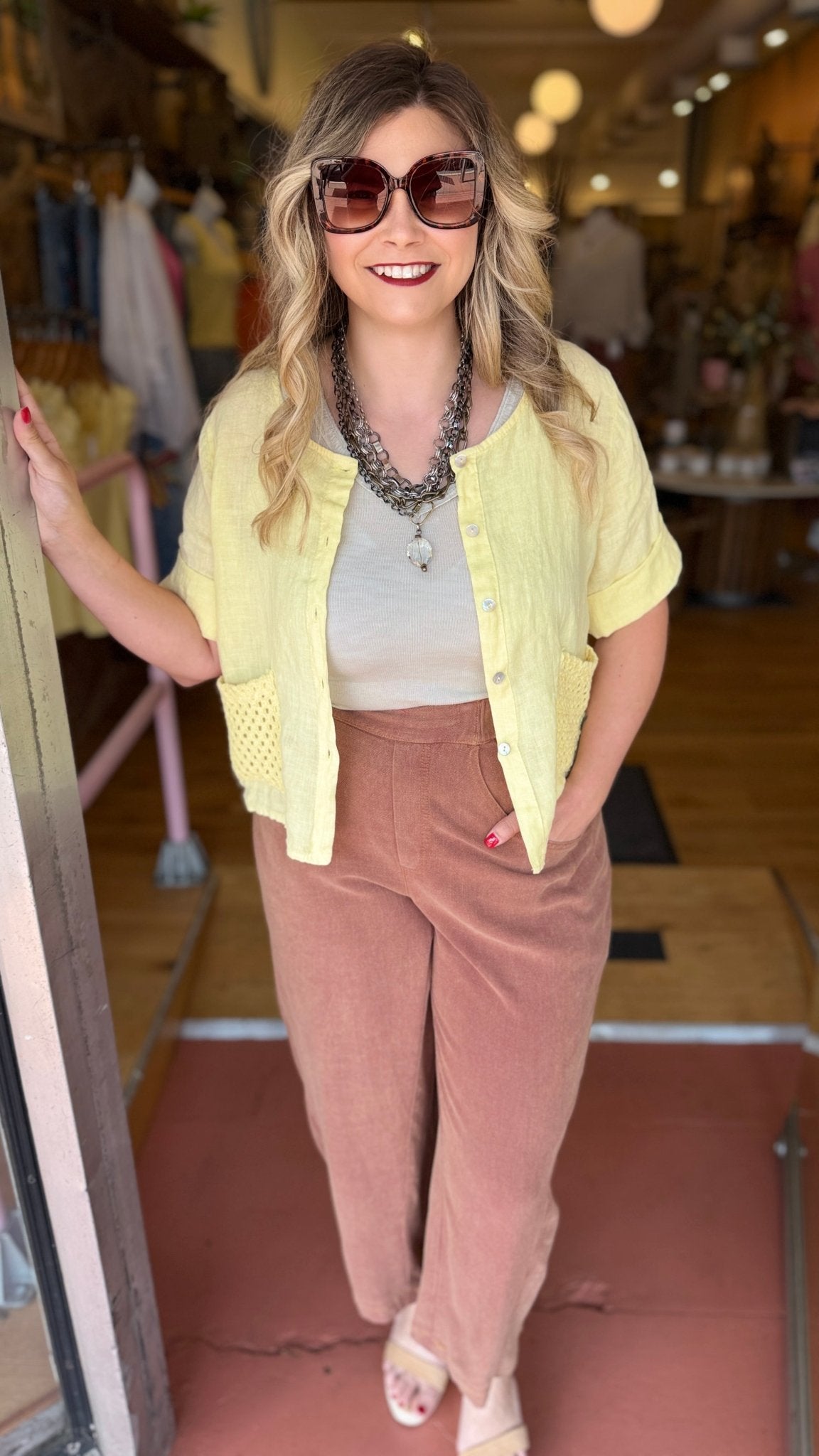 Sun Drenched Yellow Camp Shirt w/ Artisan Crochet Pocket - Rebecca James Clothing