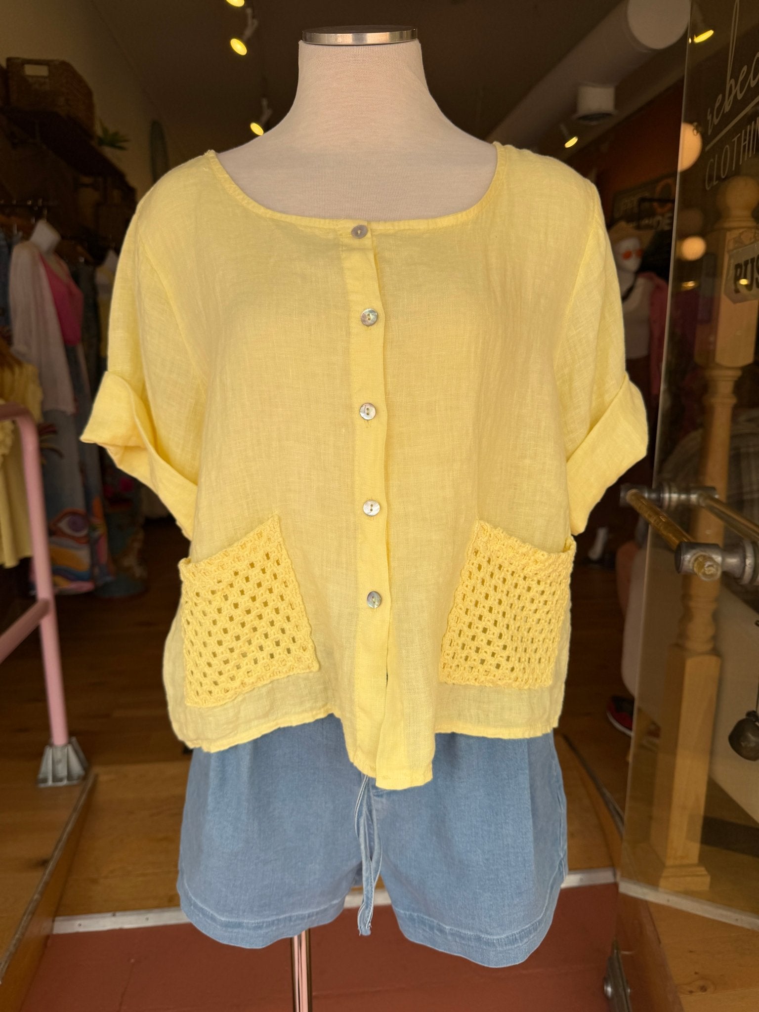 Sun Drenched Yellow Camp Shirt w/ Artisan Crochet Pocket - Rebecca James Clothing
