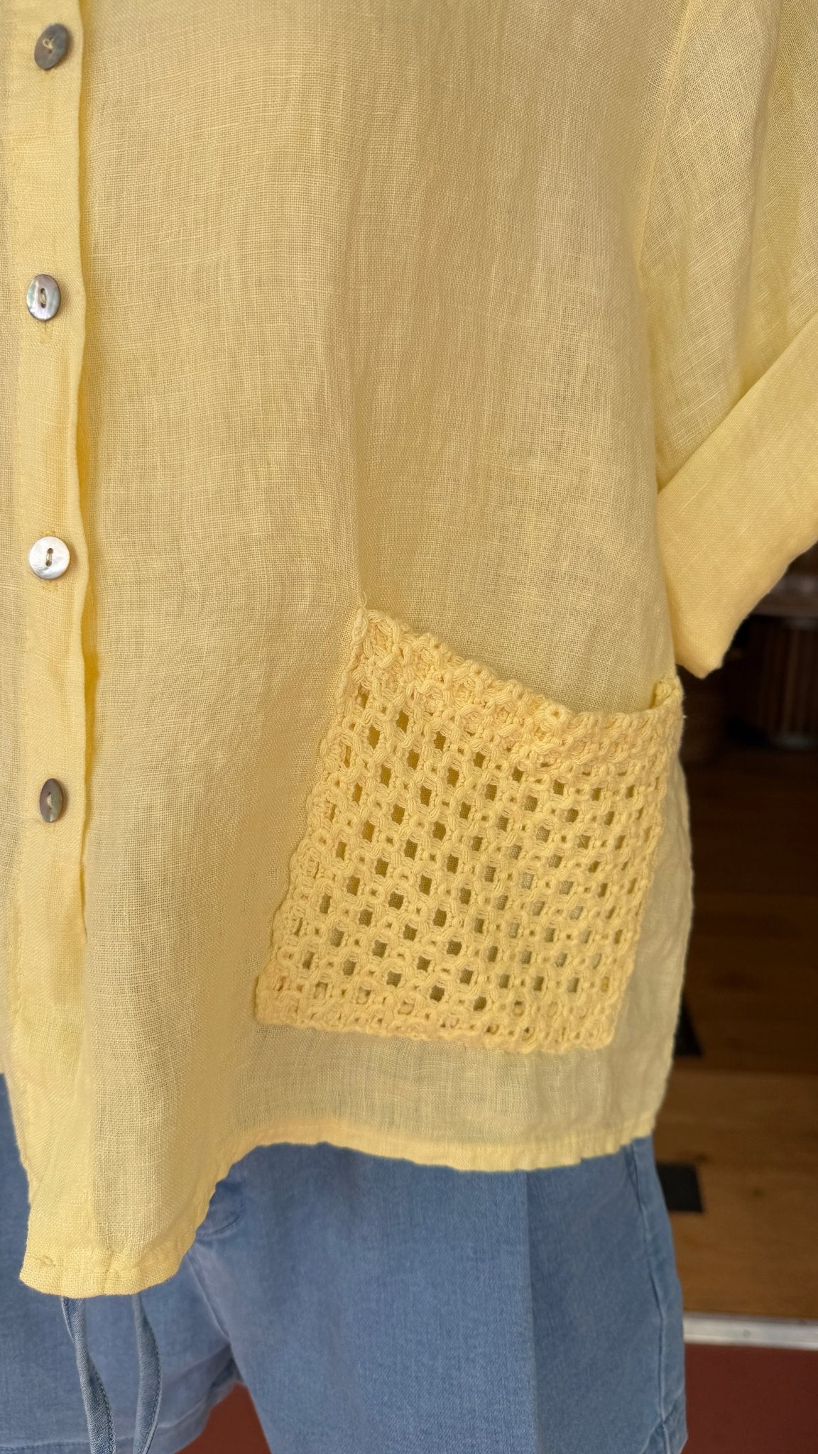 Sun Drenched Yellow Camp Shirt w/ Artisan Crochet Pocket - Rebecca James Clothing