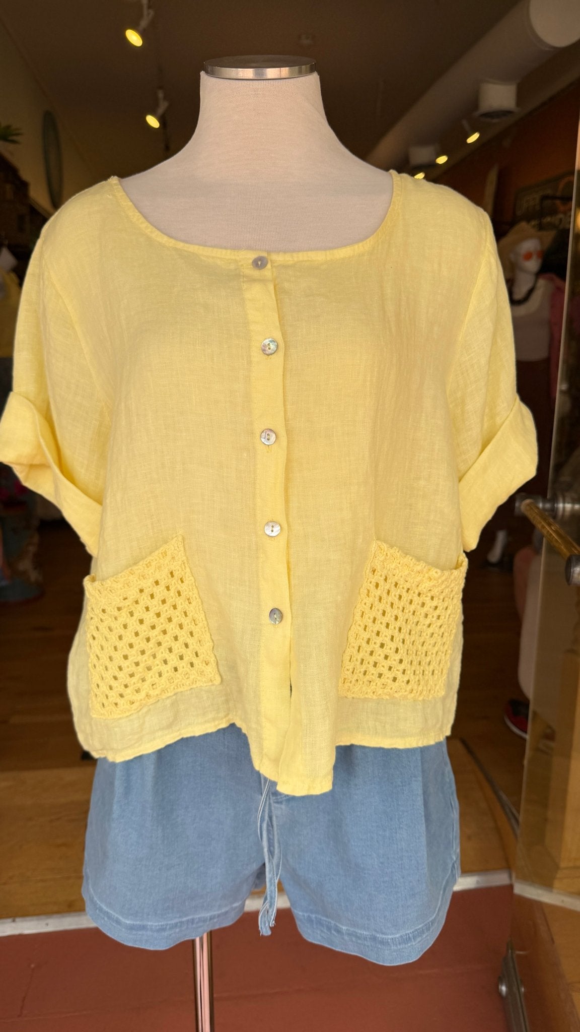 Sun Drenched Yellow Camp Shirt w/ Artisan Crochet Pocket - Rebecca James Clothing
