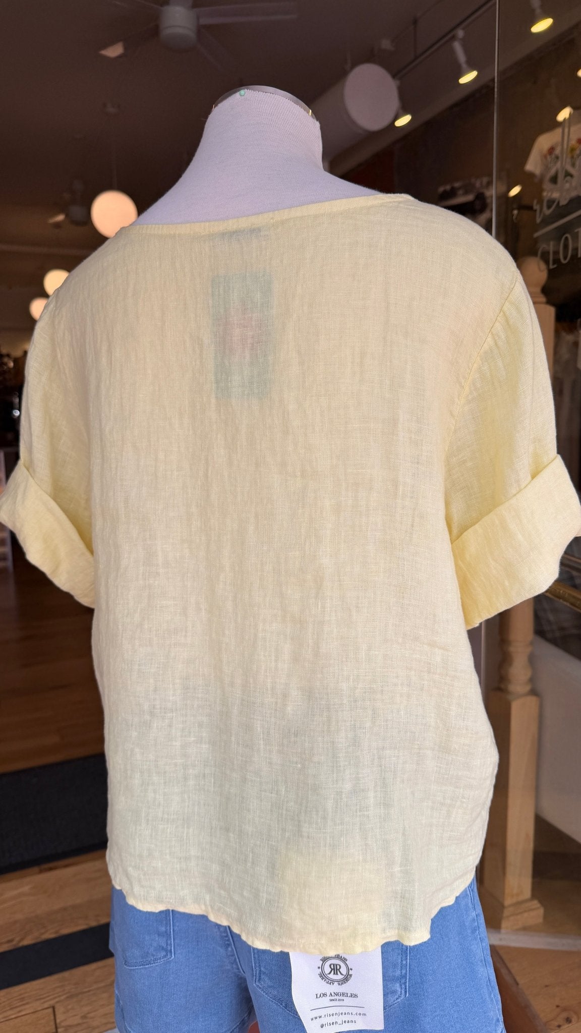 Sun Drenched Yellow Camp Shirt w/ Artisan Crochet Pocket - Rebecca James Clothing