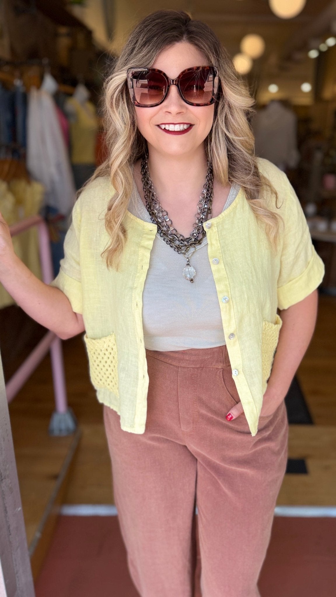 Sun Drenched Yellow Camp Shirt w/ Artisan Crochet Pocket - Rebecca James Clothing