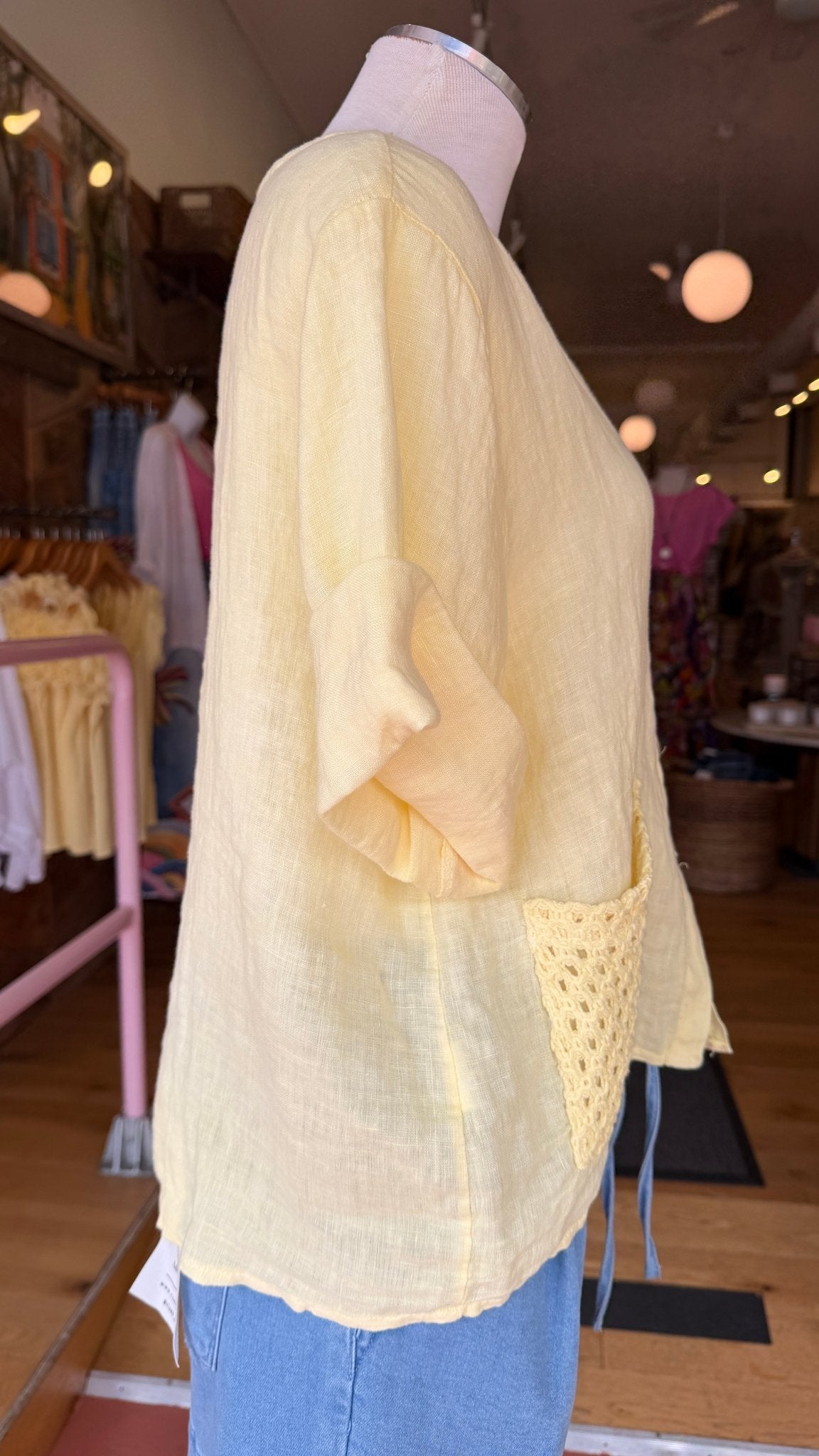 Sun Drenched Yellow Camp Shirt w/ Artisan Crochet Pocket - Rebecca James Clothing