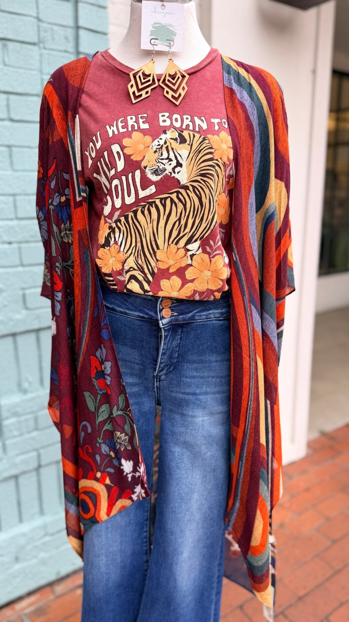 Sunset Rust Abstract Print Kimono Wrap - Rebecca James Clothing