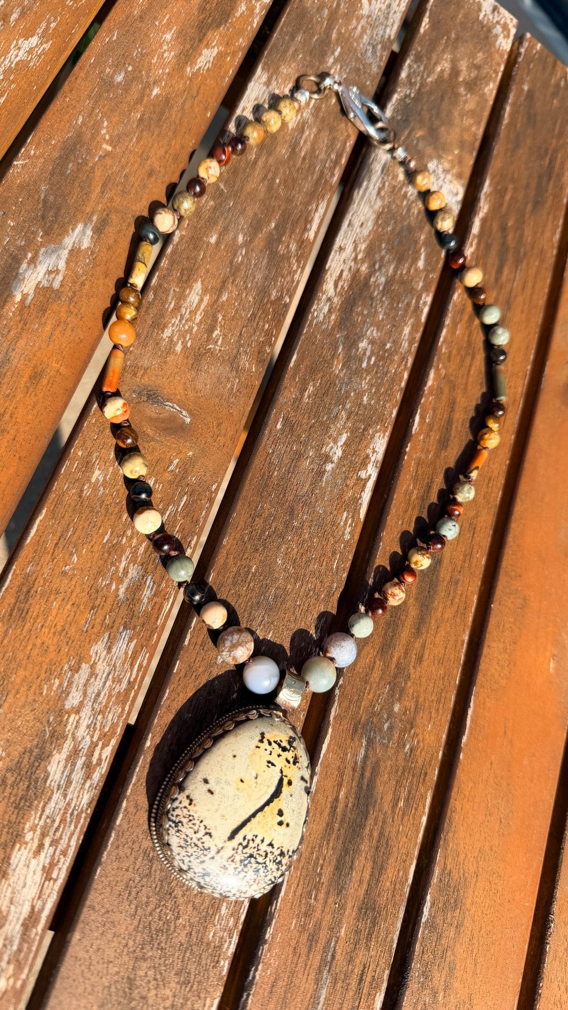 Tibetan Silver & Fawn Jasper Pendant with Handknotted Necklace by RJC - Rebecca James Clothing
