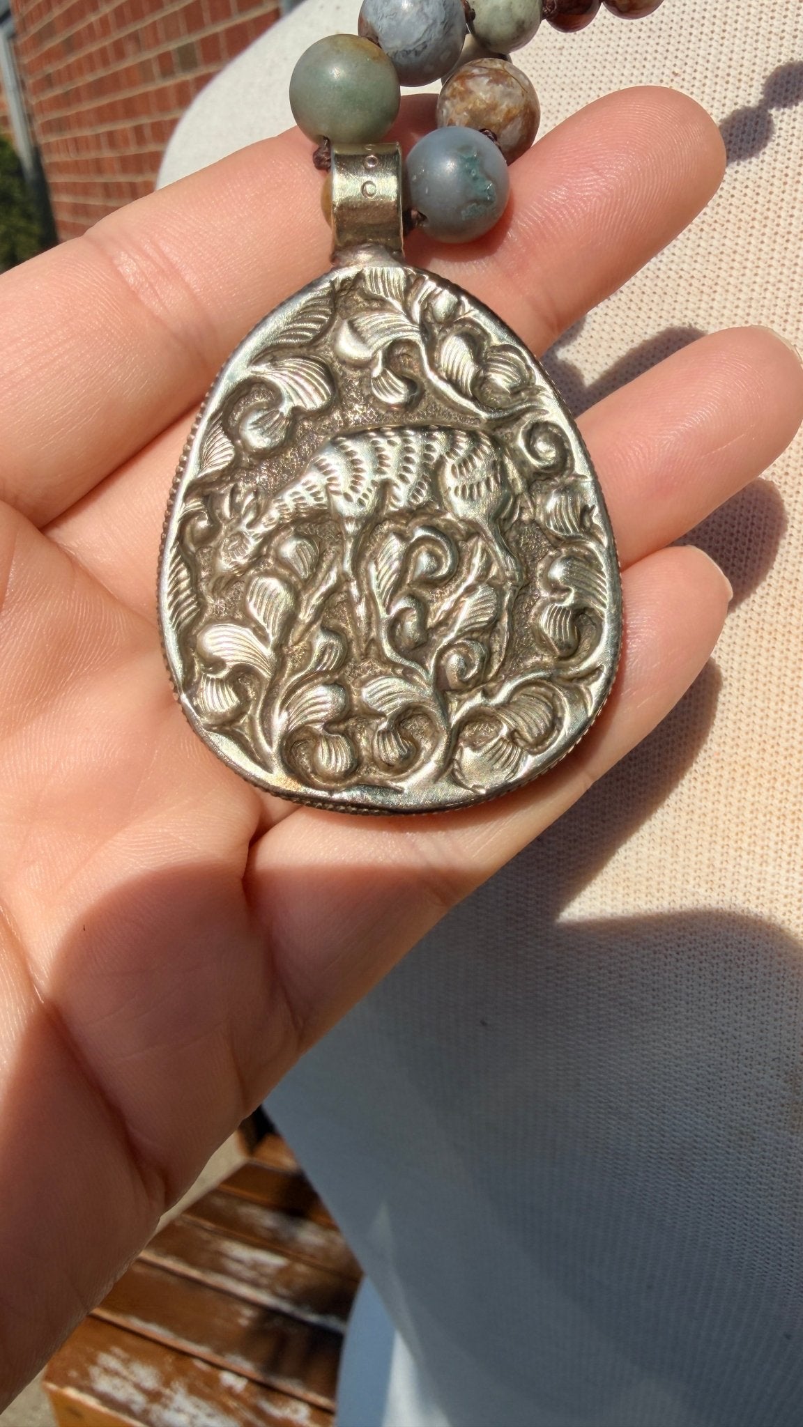 Tibetan Silver & Fawn Jasper Pendant with Handknotted Necklace by RJC - Rebecca James Clothing