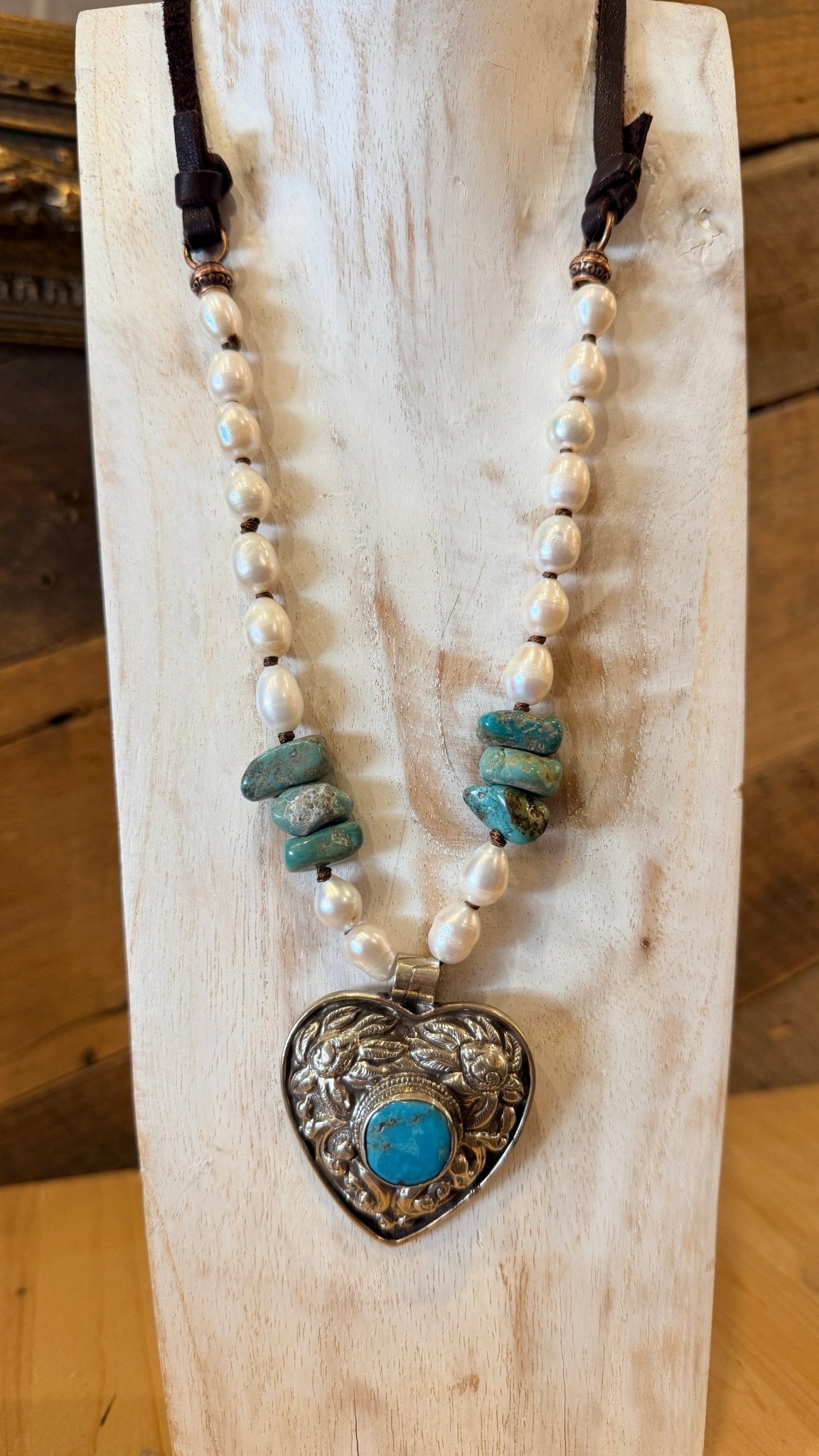 Tibetan Silver Heart Pendant with Handbeaded Pearl and Turquoise Necklace - Rebecca James Clothing