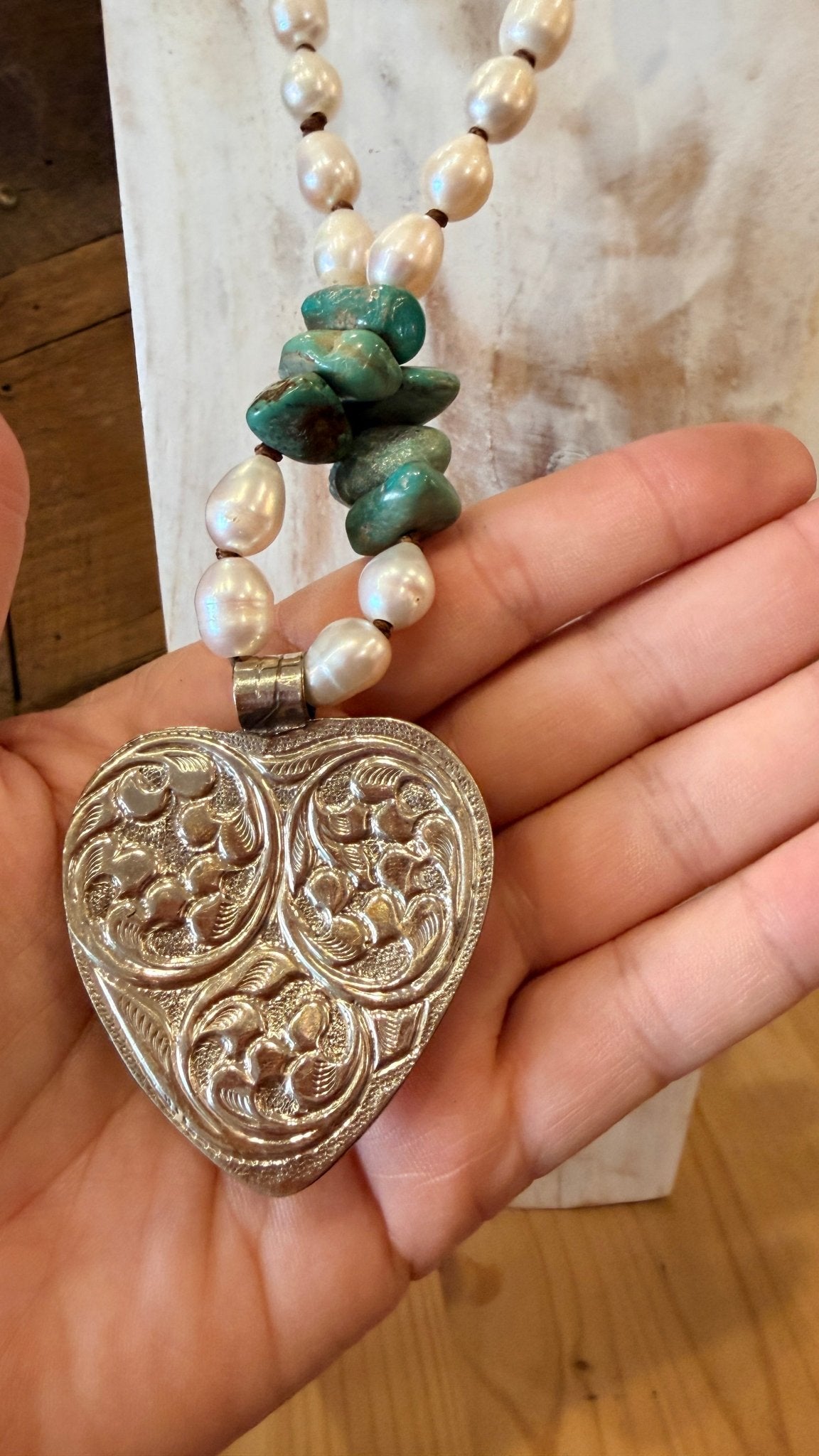 Tibetan Silver Heart Pendant with Handbeaded Pearl and Turquoise Necklace - Rebecca James Clothing