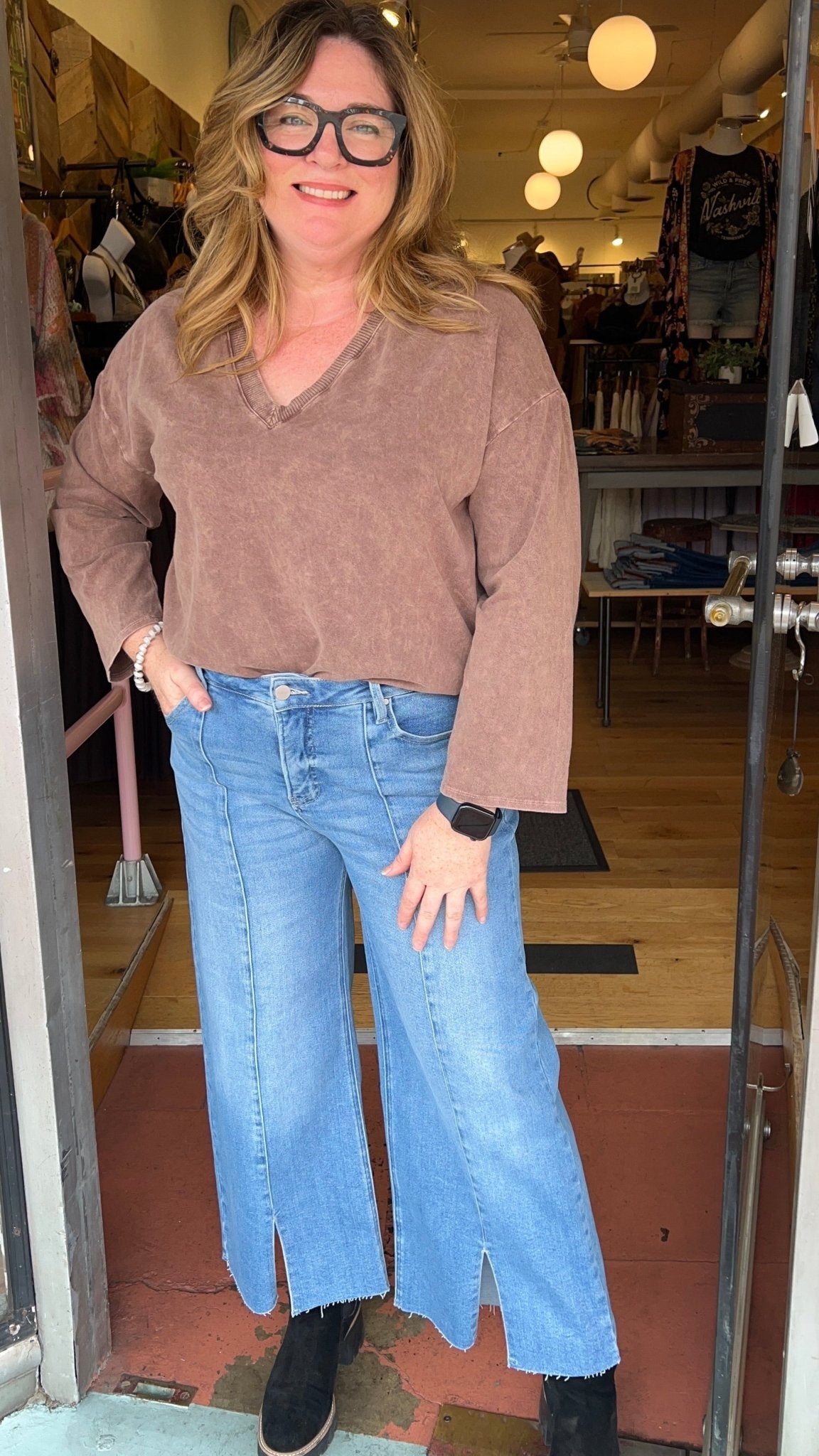 Tummy Control Center Seam Slit Wide Leg Jeans - Rebecca James Clothing