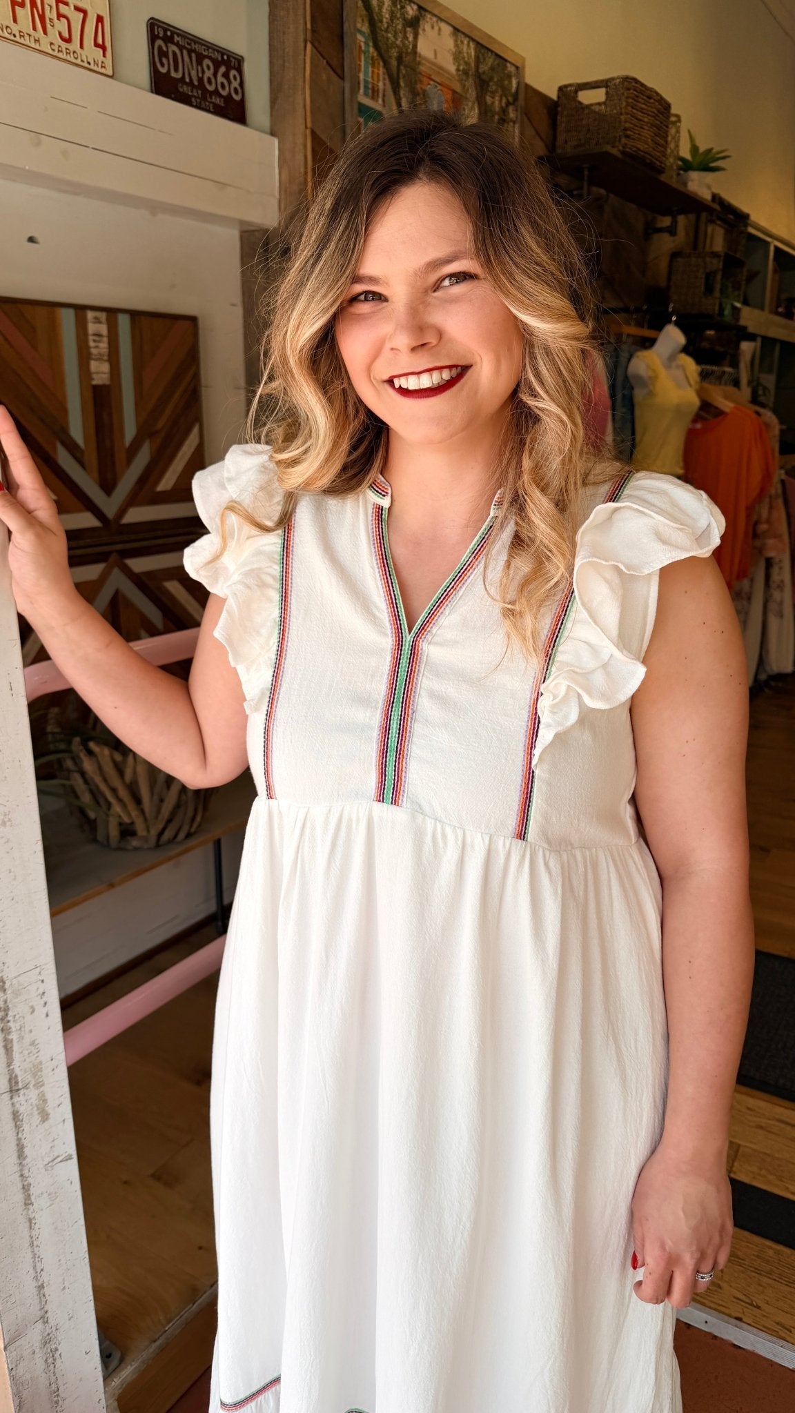 White Boho Maxi Dress with Embroidered Trim Detail - Rebecca James Clothing