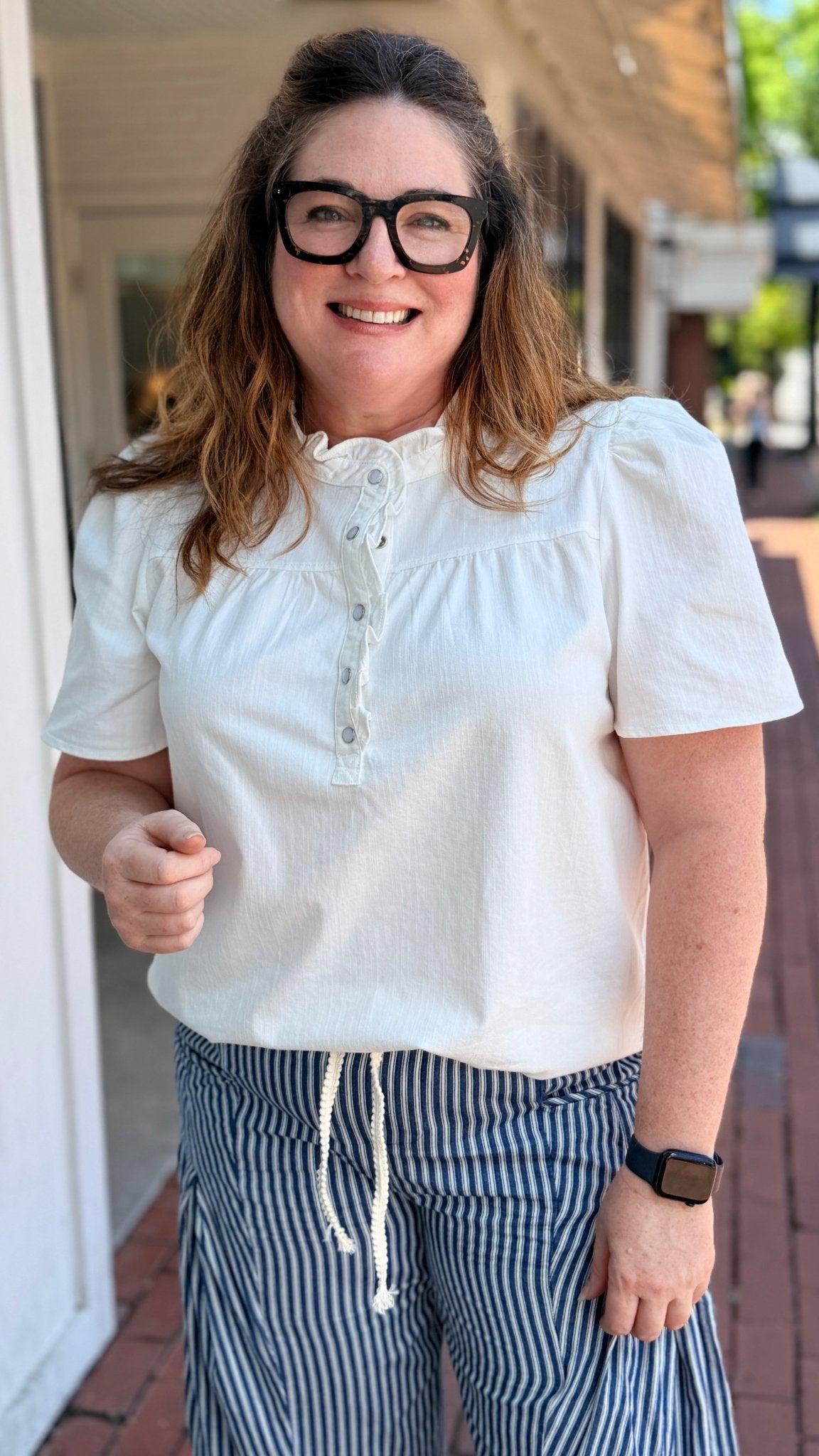White Pearl Snap Ruffle Front Top - Rebecca James Clothing