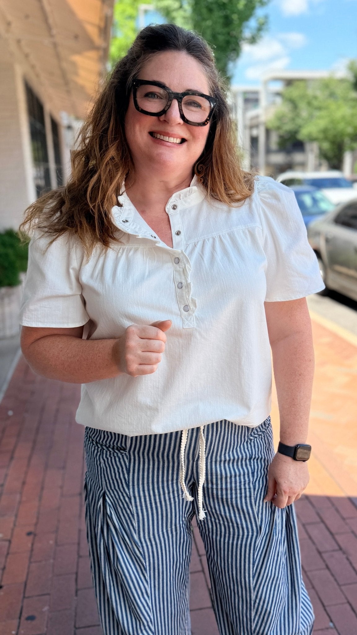 White Pearl Snap Ruffle Front Top - Rebecca James Clothing