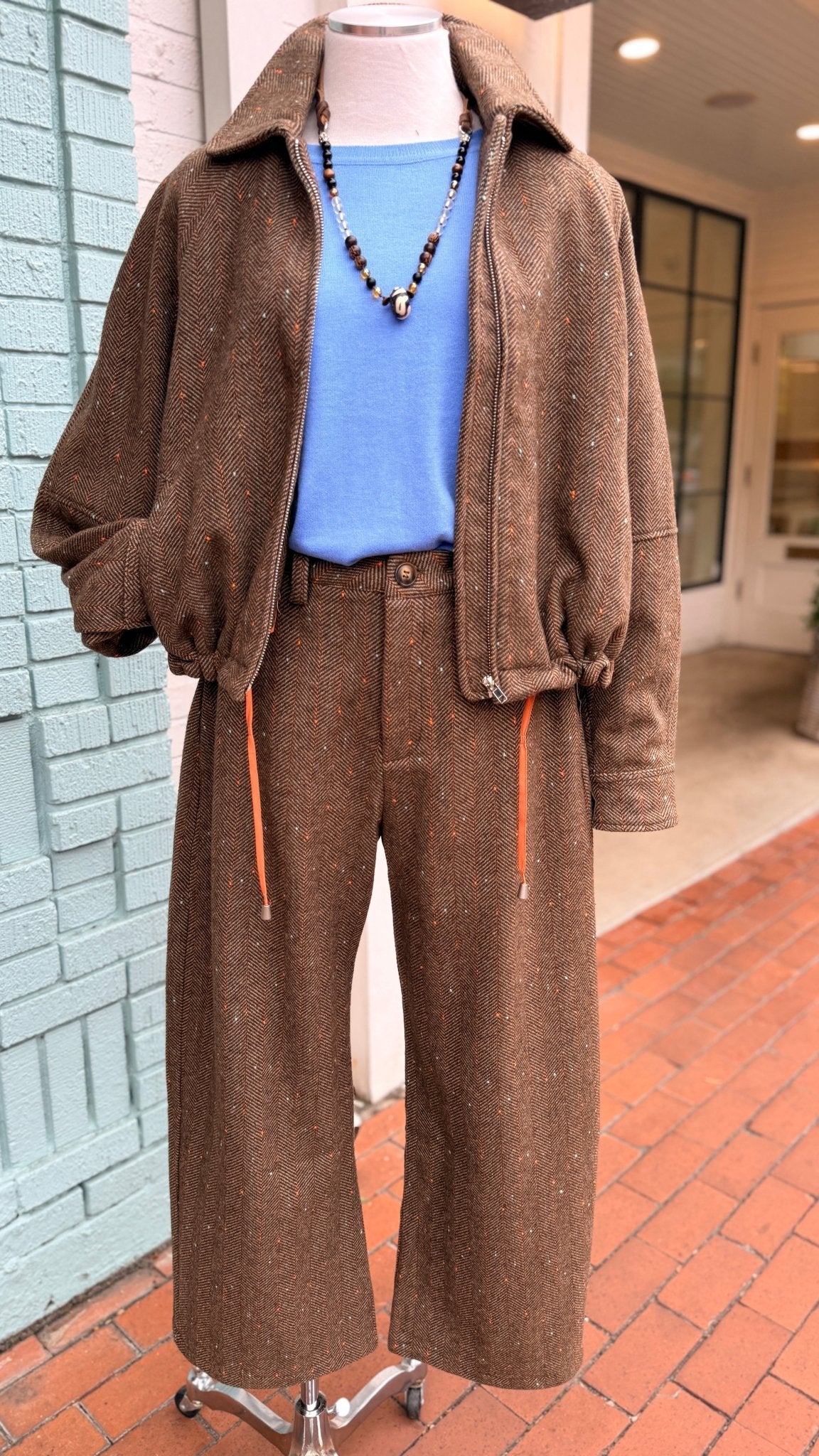 Wide Leg Brown Herringbone Pants - Rebecca James Clothing