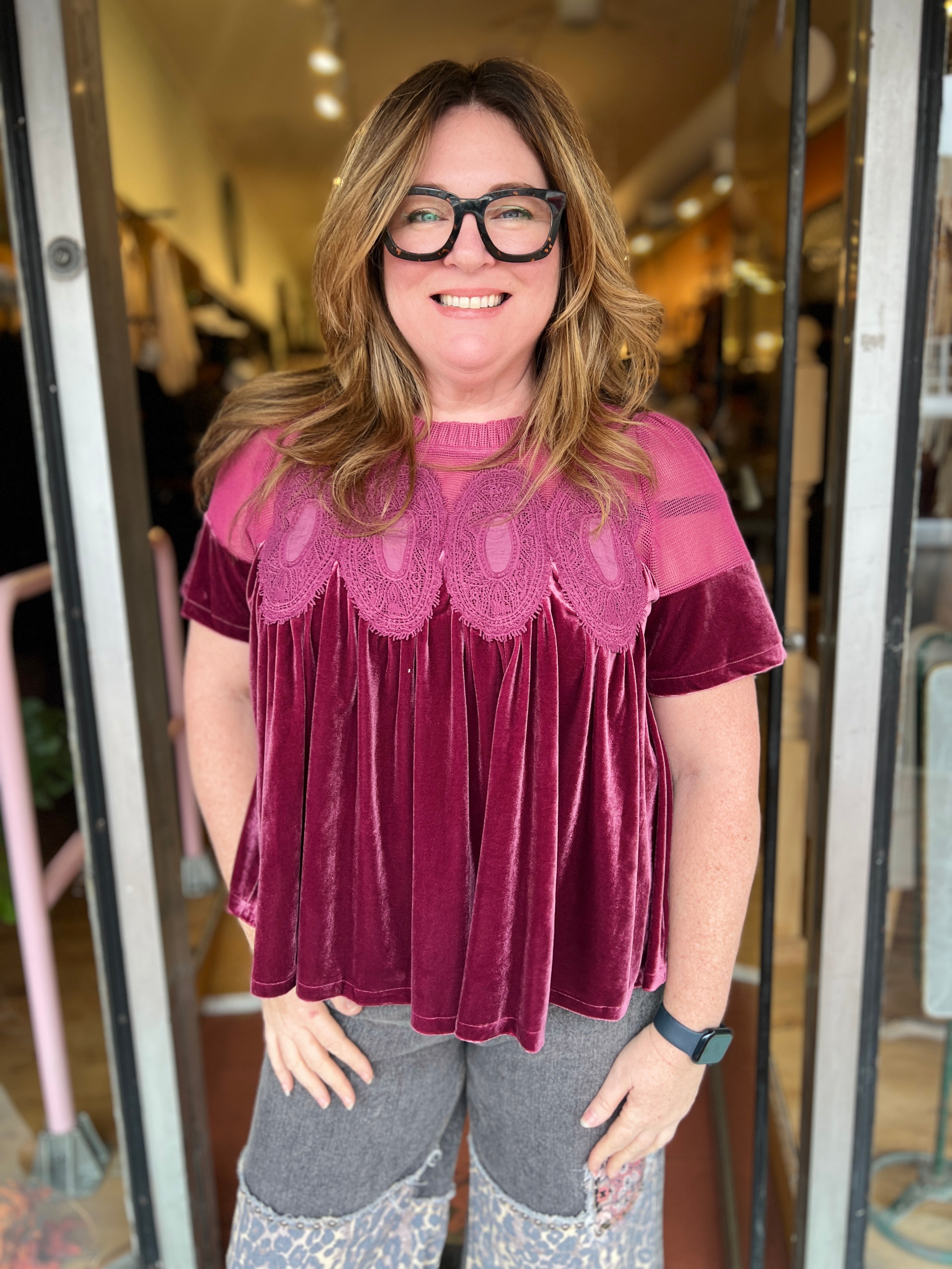 Berry Lace Detail Velvet Babydoll Top – Rebecca James Clothing