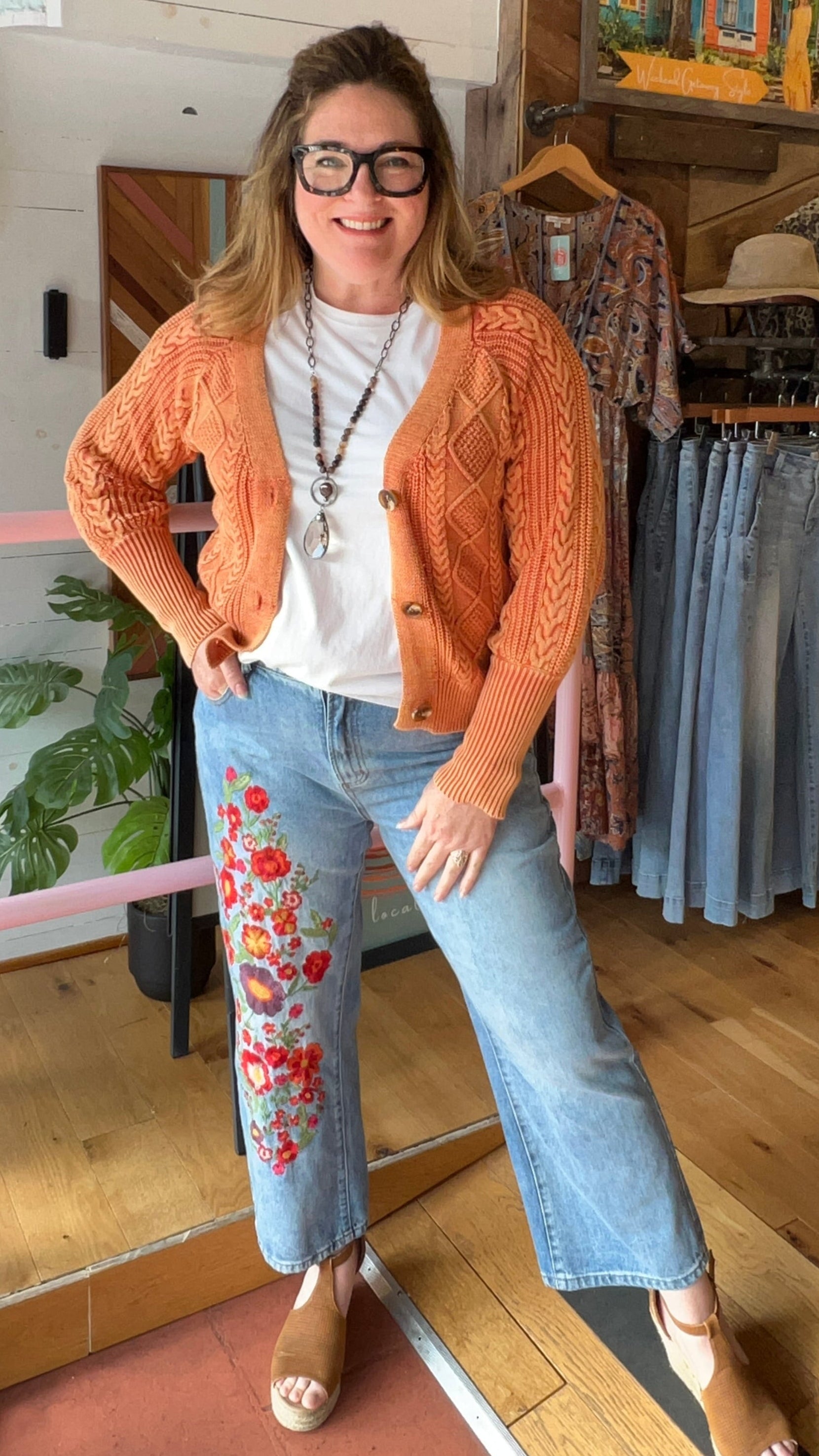 Floral Embroidered Jeans and Orange Cable Knit Sweater